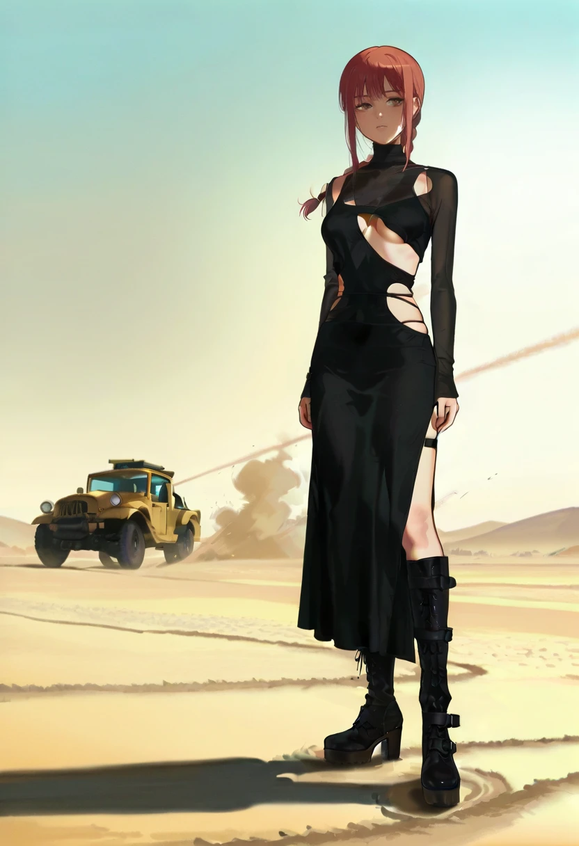 1girl,solo,looking at viewer, desert, dust storm, makima_(chainsaw_man), strappy dress, black dress, boots, platform footwear,  annin musou,ground vehicle,underboob,