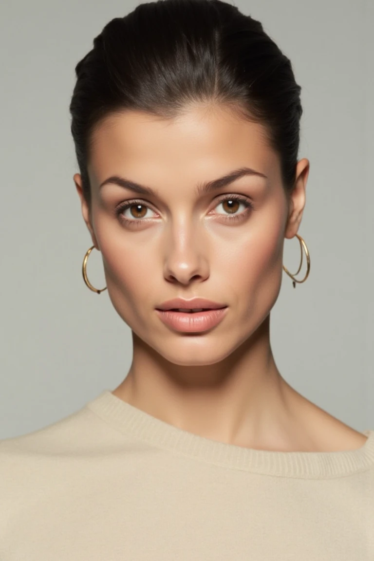 "A clean, minimalist portrait of bridgetmflx, a confident woman with striking eyes and a calm expression. She is wearing a light-colored sweater and gold hoop earrings that add a subtle touch of elegance. Her hair is styled in a sleek look. The soft, diffused lighting highlights her flawless skin and natural beauty, while the neutral background emphasizes her serene and sophisticated demeanor."