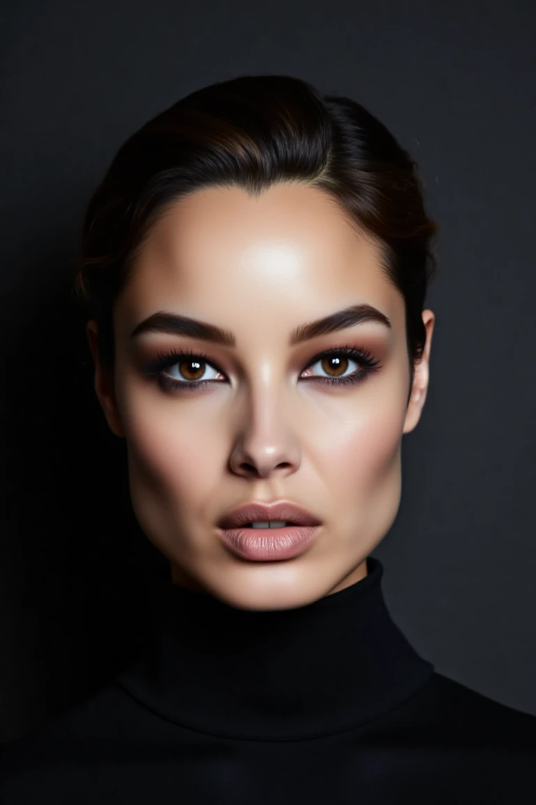 Create a close-up, high-fashion portrait of a woman with striking eyes and a calm, confident expression. Her hair is styled in a sleek manner, revealing her facial features with clarity. She wears a sophisticated black high-collar outfit that exudes elegance and minimalism. The background is a smooth gradient of dark gray, enhancing the overall refined and contemporary aesthetic. The lighting is soft yet directional, highlighting her flawless complexion and subtle makeup, with a focus on her eyes and cheekbones. The mood of the portrait is polished, modern, and artistic.