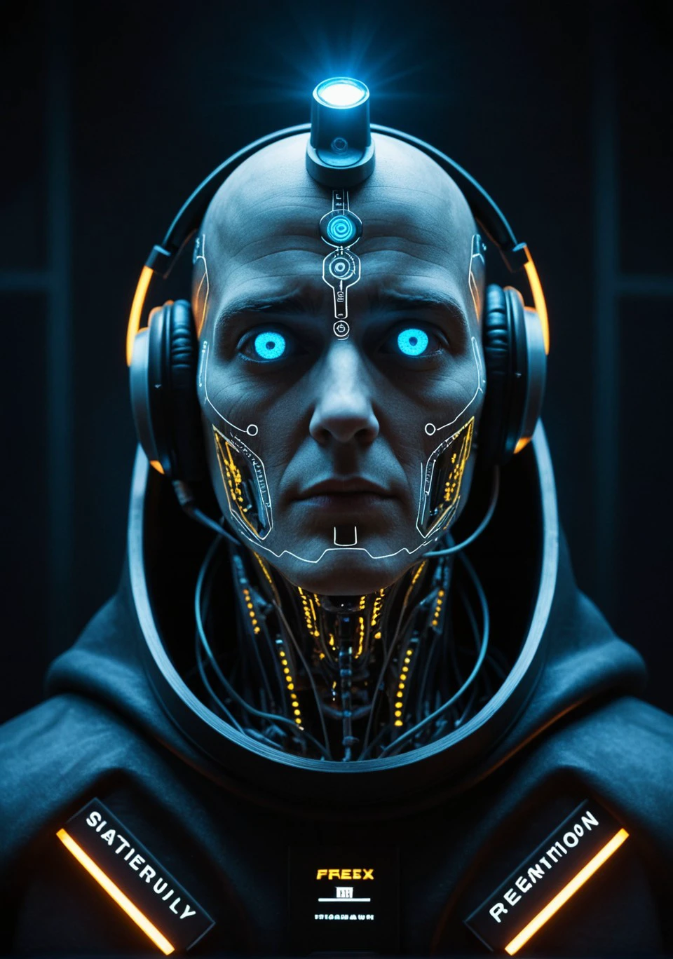 A hyper-realistic, unsettling close-up portrait fusing two enigmatic figures into a single, otherworldly being. The spectral, all-knowing cyborg emerges with a smooth, glowing surface of advanced technology, its face featureless yet alive with intricate digital patterns. Electric blue lines pulse across its surface, shifting and morphing like a living neural network, suggesting an existence within a vast interconnected web. Hollow eyes radiate an eerie, ethereal quality, as if seeing beyond the physical realm, and glowing circuits blend seamlessly into its surroundings, a deep gradient from white to pale blue filled with subtle digital glitches hinting at higher intelligence. From the shadows of this cybernetic form, the rugged presence of a slightly muscular man emerges as a faint duality. His unkempt hair falls like strands of static across the glowing face, revealing one piercing eye that gleams with intensity. A sly, mischievous grin hints at a dangerous charisma, contrasting with the pastel-colored T-shirt and oversized vintage black headphones resting heavily against the figure’s sleek, technological frame. The pale monitor glow casts an eerie light over both organic and digital textures, blending the rugged and the spectral into a single captivating, otherworldly presence. The result is an unnerving harmony of man and machine, a haunting observer that feels alive yet unreachably distant.