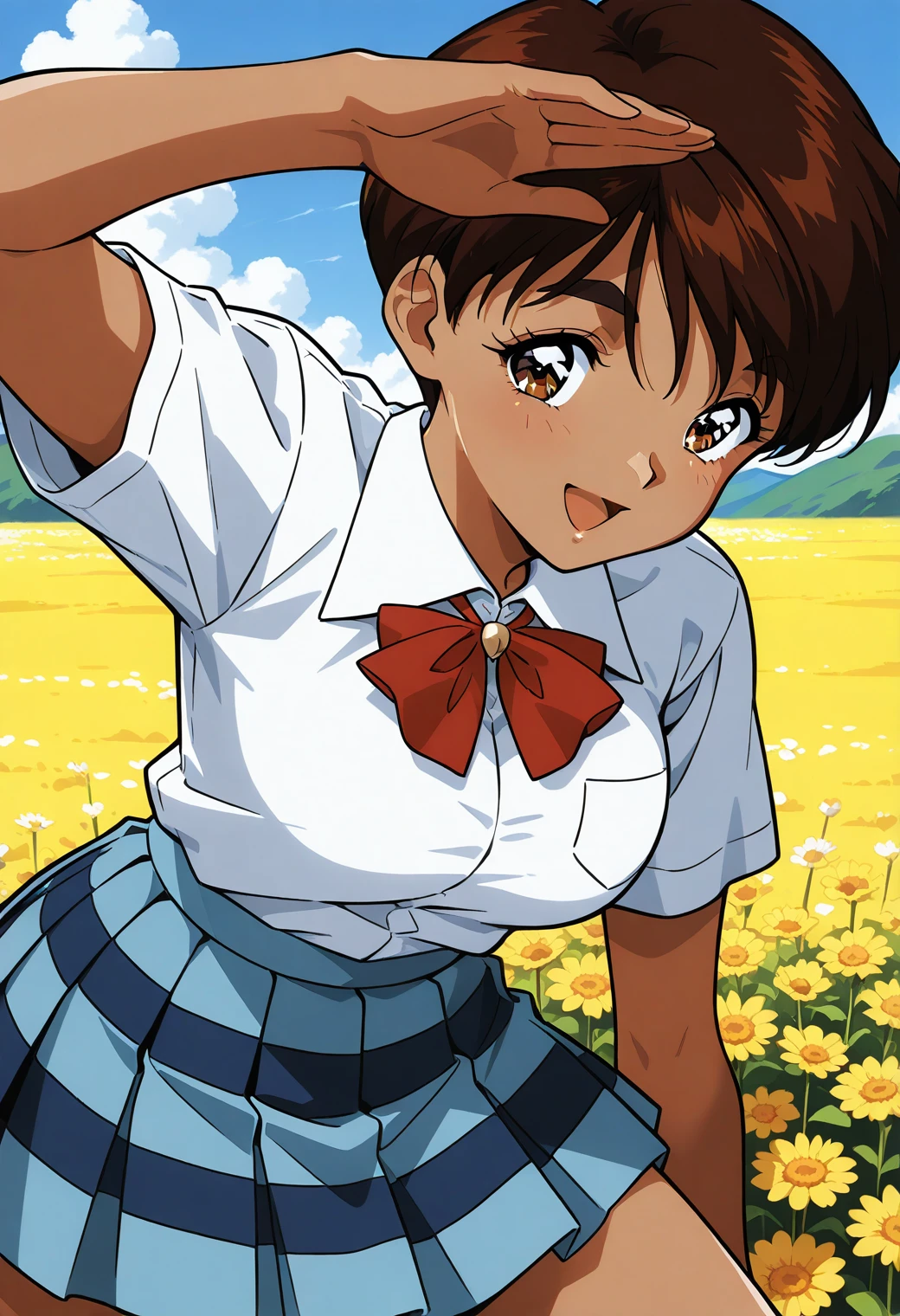 sr5_mizuki, retro artstyle, dark skin, dark-skinned female, thick eyebrows, brown eyes, brown hair, short hair, school uniform, red bowtie, short sleeves, white shirt, collared shirt, blue skirt, plaid skirt, <lora:SR5_mizuki_illustrious_ver1:0.8>
smile,, masterpiece, best quality, general,, 1girl, solo, (field:1.2), (blue sky:1.2), looking at viewer,, (cowboy shot, dynamic pose:1.4),