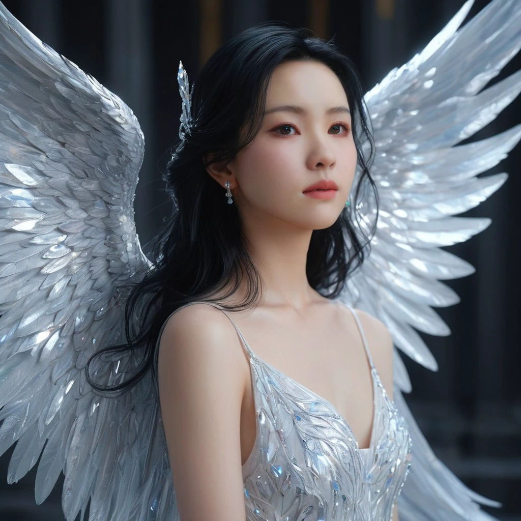 masterpiece, Angel Girl, young,(((Black right wing and white left wing))),Brunette with wings, White dress with feathers, Close-up portrait, Delicate face, , god々A shiny silver dress、palace