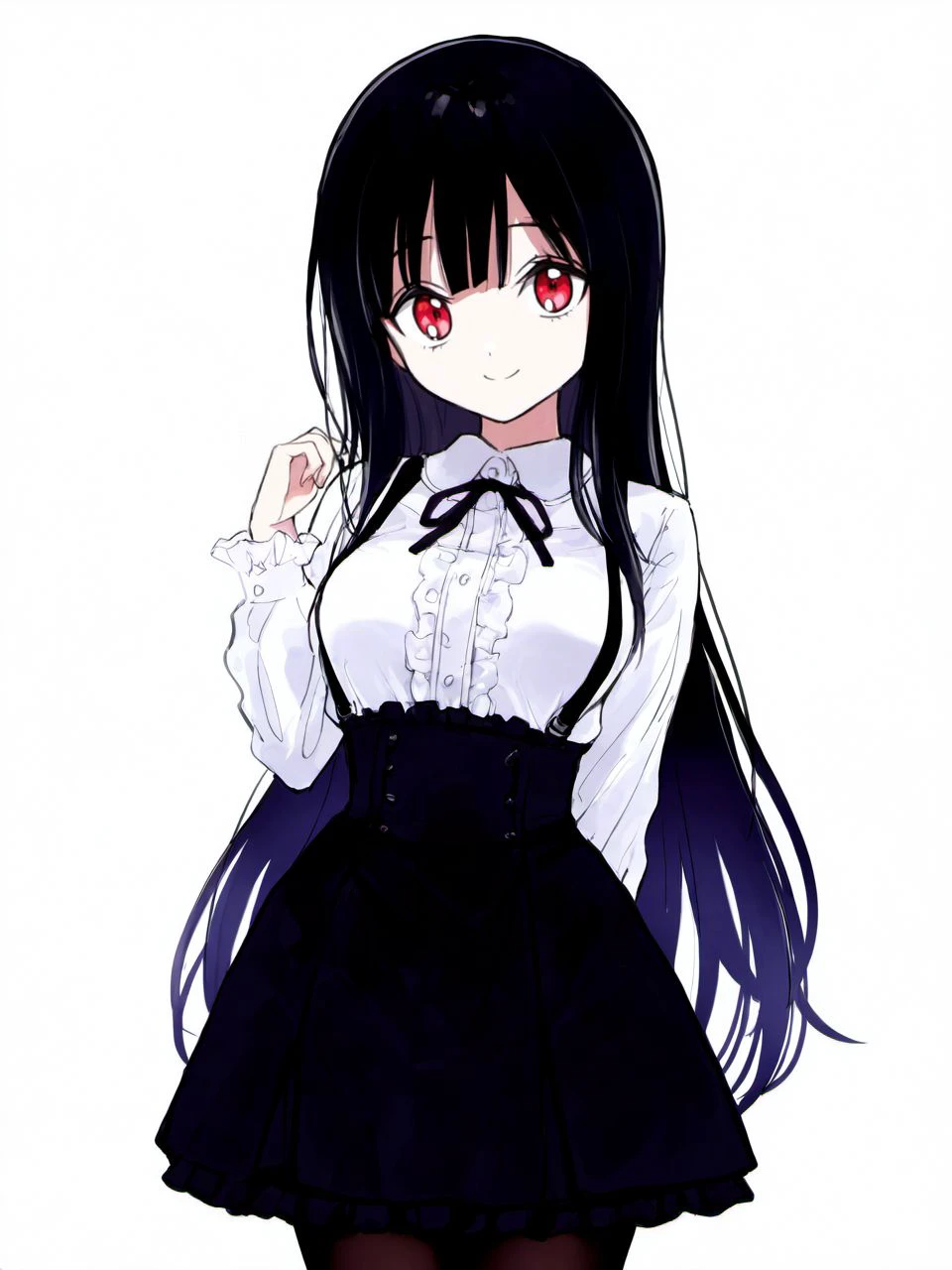 masterpiece, best quality, amazing quality, very aesthetic, high resolution, <lora:yukiwo_style_v2_illustrious_epoch_7:0.9>, yukiwostyle,
1girl, solo, long hair, black hair, skirt, white background, shirt, red eyes, breasts, smile, simple background, white shirt, long sleeves, looking at viewer, bangs, closed mouth, black skirt, ribbon, collared shirt, very long hair, suspenders, pantyhose, neck ribbon, hand up, arm behind back, frills, medium breasts, suspender skirt, high-waist skirt, cowboy shot,