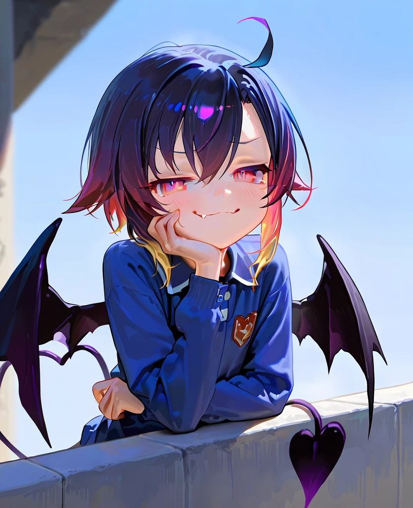 masterpiece, 1440p, 8k, UHD, amazing quality, high resolution, solo,  <lora:Plum_Stoker_NGNL_Illustrious:1> plumstoker, 1boy, long sleeves, polo shirt, upper body, ledge, multicolored hair, smug, demon girl, wings, tail, heart tail