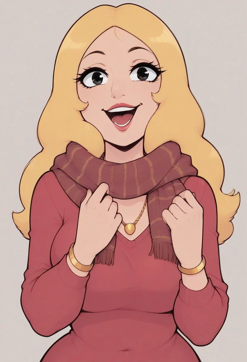 Score_9, Score_8_up, 1girl, solo, Francine, gold necklace, White bangle, Blonde hair, Christmas sweater, scarf, looking at viewer, open mouth, smile, happy, eyelashes,