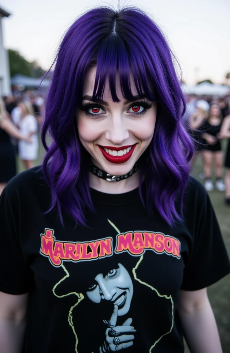 , ultra detailed, ultra realistic, ultra defined textures, cinematic, cinematic lighting, 8k, analog photo, 35mm,  in an outdoor music festival, she purple hair woman, red eyes, maniac smile, pierced tongue, heavy drematic black makeup, a young beautiful woman wearing a Marilyn Manson t-shirt, <lora:metal-gothic-girls:1> <lora:Rock&Metal-tshirts-Mar1lynManson-children:1> mar1lyn, Photorealistic, Hyperrealistic, Hyperdetailed, analog style, soft lighting, subsurface scattering, realistic, heavy shadow, masterpiece, best quality, ultra realistic, 8k, golden ratio, Intricate, High Detail, film photography, soft focus