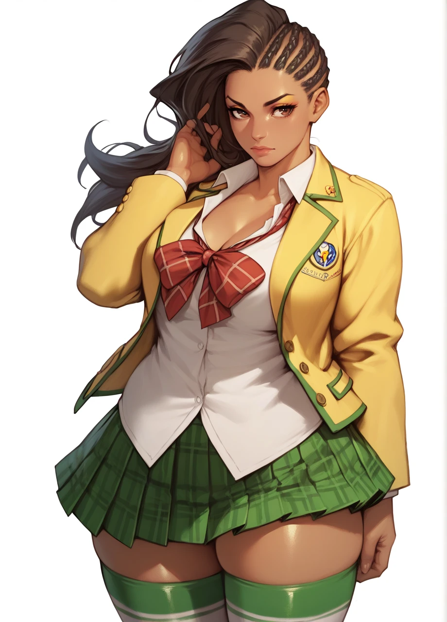 <lora:SF_Laura-PONY:0.8> 1girl, solo, white background, assymetrical hair, dark skin, brown eyes, makeup, muscular, large breasts, thick thighs, cptlaura, yellow blazer, white shirt, bow, green skirt, plaid skirt, white thighhighs, school uniform, score_8_up, score_7_up, score_6_up, score_5_up
