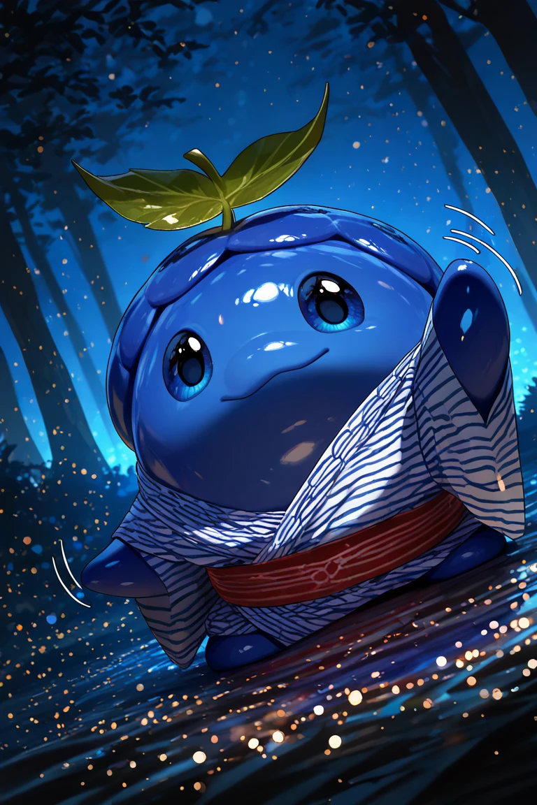 realistic shading, dim lighting, blueberry-creature focus, looking at viewer, happy expressive face, daberry, green_daberry_leaf on head, blue_daberry_hair, blue eyes, 1blueberry creature, pokemon (creature), smiling, waving, japanese cosplay, japanese clothes, yukata, night blurry outdoors forest, bokeh, glowing particles, tree, dark environment, fantasy, dutch angle, dynamic angle, motion lines, fidgetting, intricately detailed illustration, depth of field, masterpiece, best quality, amazing quality, very aesthetic, absurdres, newest