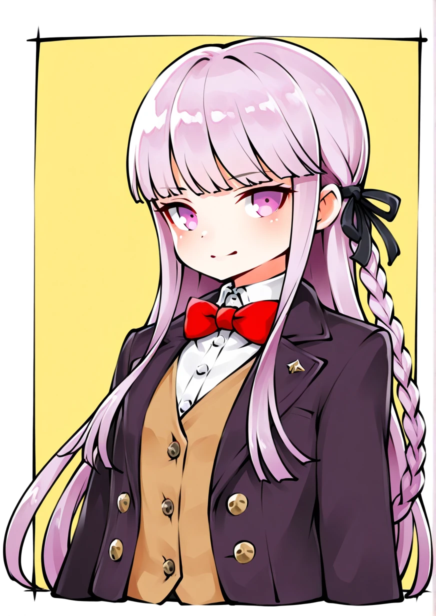 1girl, kirigiri kyoko, young girl, alternate costume, black jacket, black ribbon, bow, bowtie, braid, brown vest, closed mouth, collared shirt, hair ribbon, jacket, long hair, open clothes, open jacket, pink eyes, pink hair, red bow, red bowtie, ribbon, shirt, side braid, smile, solo, vest, white shirt, <lora:oldie1515(2):1>