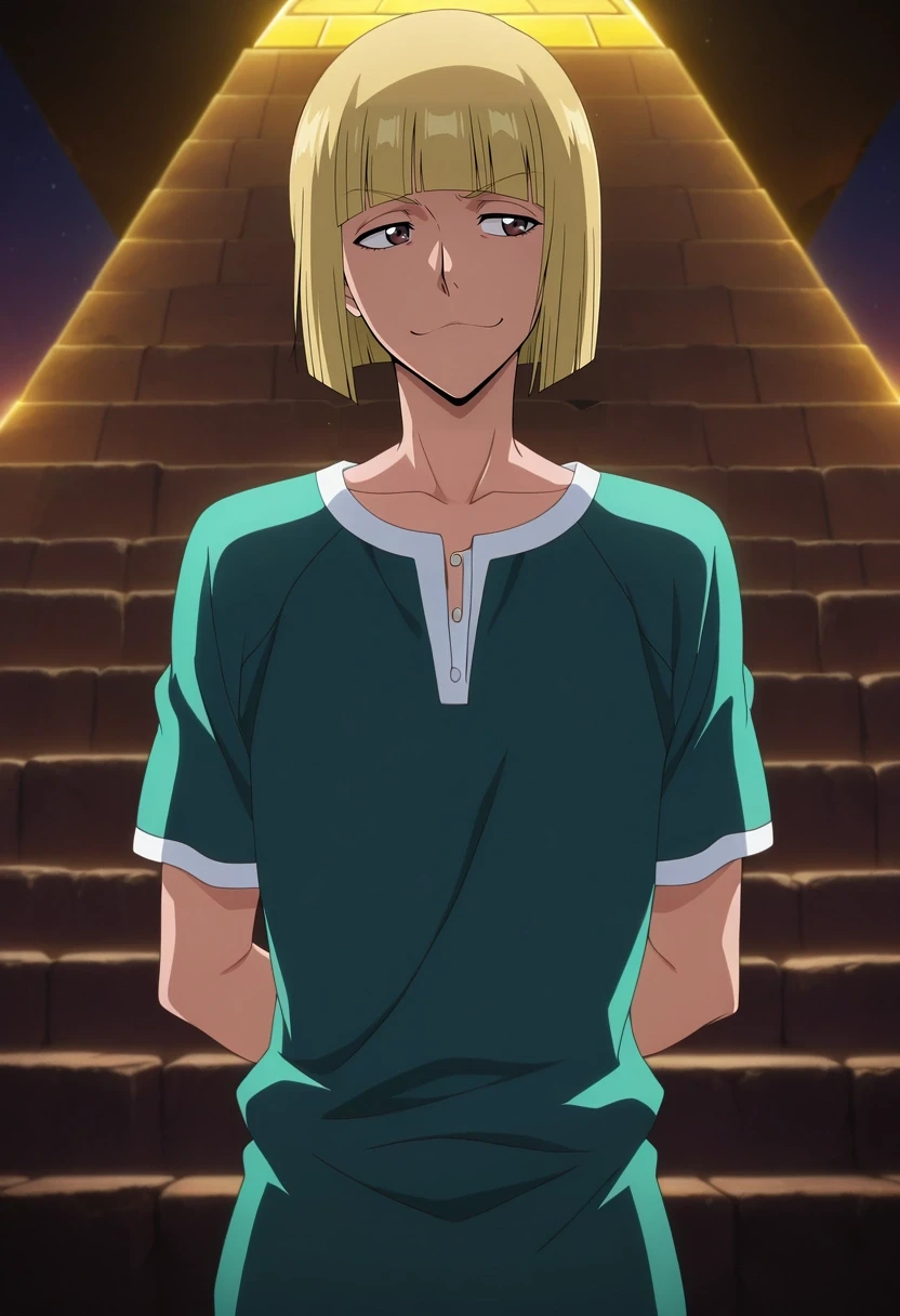 masterpiece, best quality, intricate details, anime screencap, anime coloring, official style, , , 1boy, solo, male focus, <lora:shinji_hirako_ilxl:1>, shinji_hirako, blonde hair, brown eyes, bangs, blunt bangs, , short hair, bob cut, focused, pyramid, light, arms behind back, :\3,