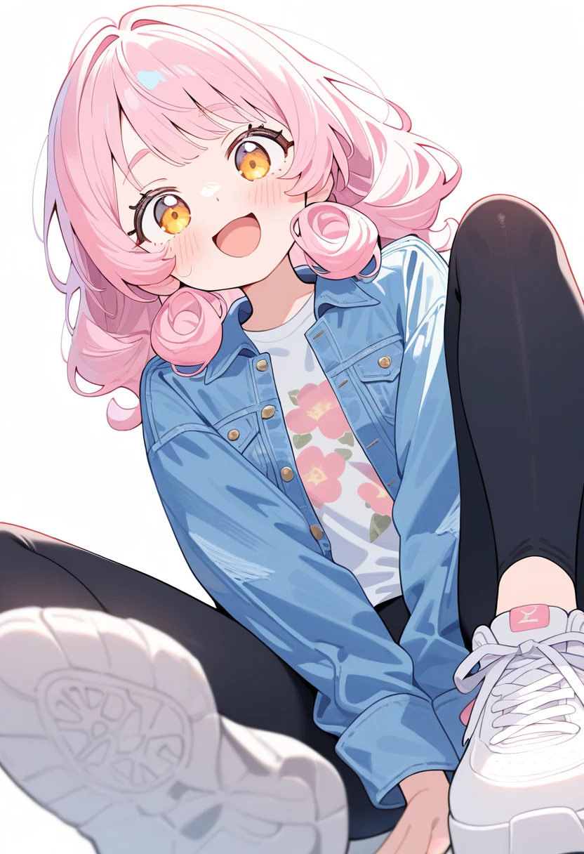 1girl,lightpink hair,Soft Curls with Bangs,smile,:d,Denim jacket, black leggings, and white sneakers,floral print,
front view,dramatic angle,looking_at_viewer,
simple background,white background,pastel colors,CUTE2712,<lora:lora-000008.by_tusi:1>,
perfect quality,high quality,masterpiece,best quality,amazing quality,very aesthetic,Cinematic Lighting,newest,Tactical use of shadow,