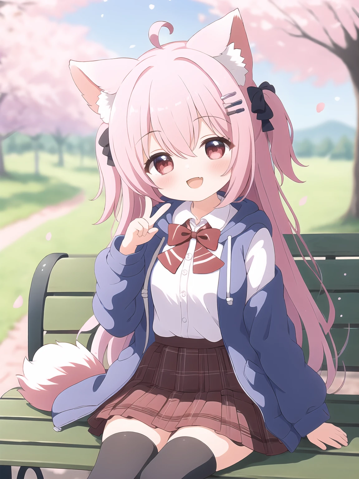 1girl,animal ears,bow,solo,skirt,thighhighs,smile,long hair,red eyes,hair between eyes,shirt,hood down,:d,hair bow,sleeves past wrists,collared shirt,hood,striped bow,tail,v,bangs,plaid skirt,red skirt,fang,dog ears,very long hair,jacket,sitting,white shirt,long sleeves,red bow,blurry,striped,open mouth,depth of field,open clothes,plaid,flower,frilled skirt,on bench,open jacket,hooded jacket,pleated skirt,black thighhighs,hand up,petals,blush,blue bow,pink flower,animal ear fluff,bench,dog tail,blurry background,blurry foreground,looking at viewer,hair ornament,frills,dress shirt,vest,park bench,outdoors,one side up,cherry blossoms,hairclip,hoodie,dog girl,phone screen,diagonal stripes,ahoge,<lora:Animation illustration style supplementary model-V2.0-SD1.5-Lora-2024.12.27-version1-000042:0.5>,