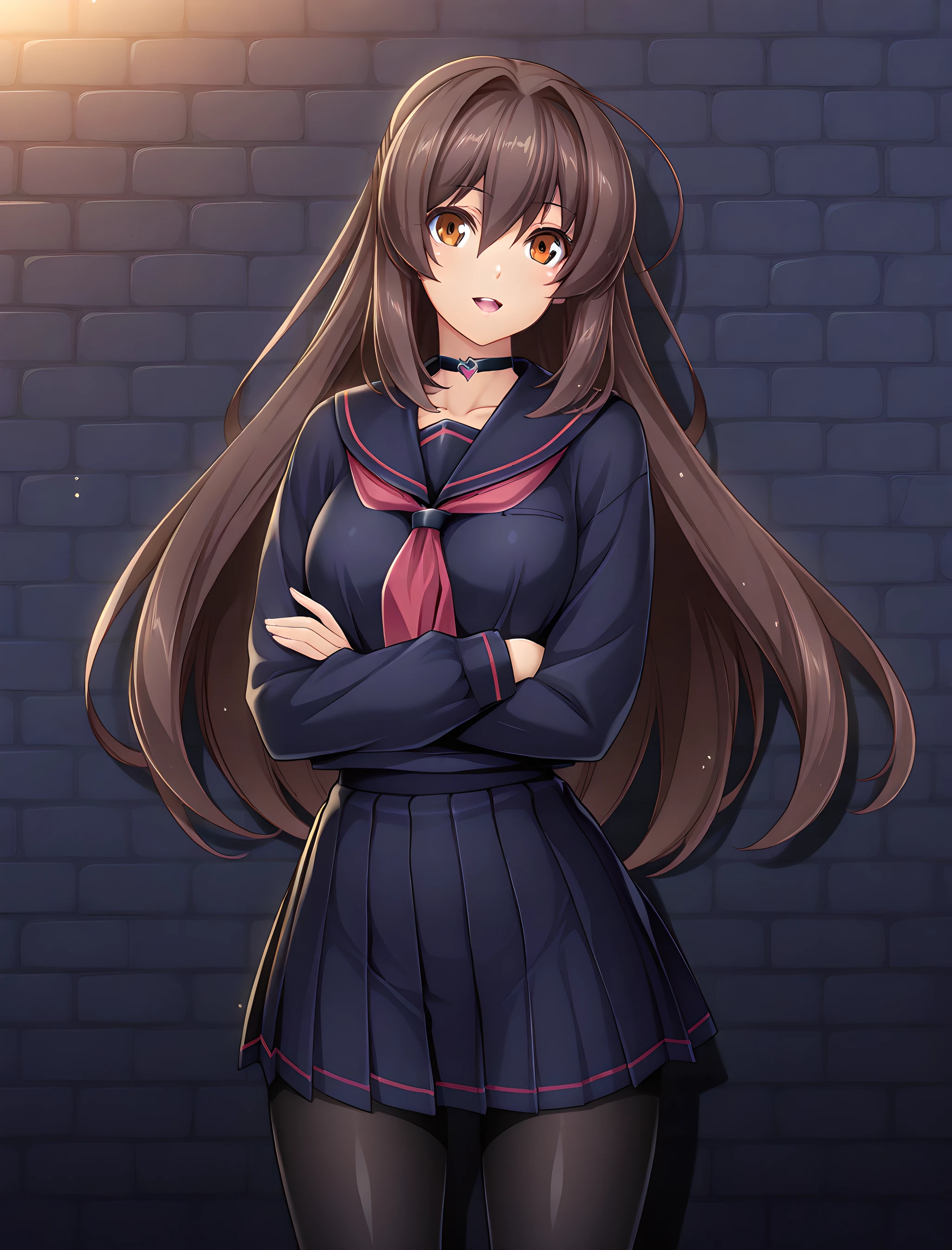 (high quality,Very detailed:1.37, High resolution), Woman, (mature:2.0), (Sakaki Yumiko:2.0), Grisaia, very long hair, (very dark purple hair:1.5), purple eyes, large breasts, military uniform, pants, (wetting herself:1.5), standing, (arms crossed:1.5), (embarrassed:1.5), (humiliation:1.5), (constricted pupils:1.5), (sweating:1.5), shaking, (trembling:1.5), (blushing:1.5), Meticulous details, (extremely detailed eys:1.37), space station, interior, science fiction, futuristic
