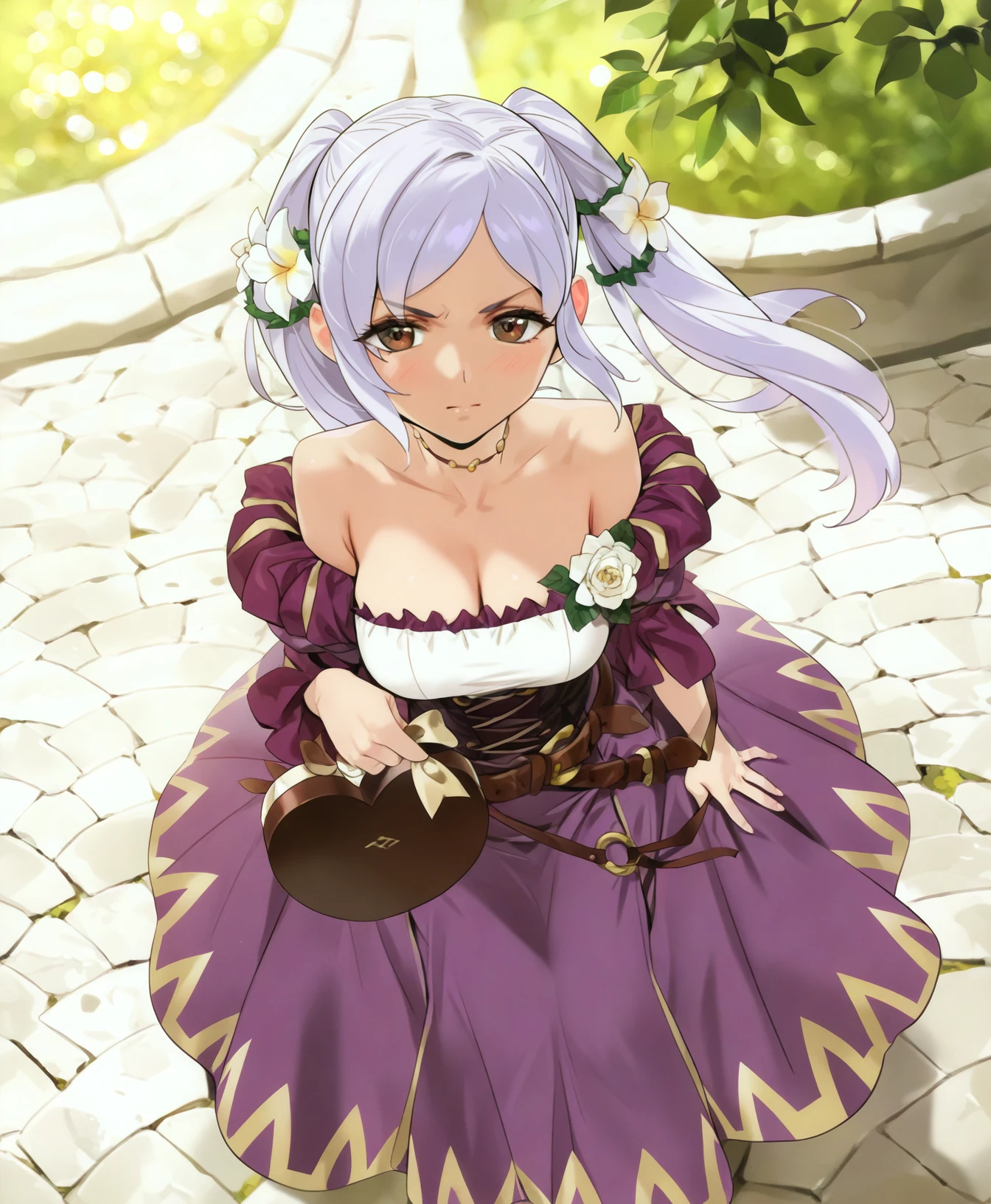 yd \(orange maru\), 
sfw, 1girl, solo, clothed,
robin \(female\) \(valentine\) \(fire emblem\), fire emblem, medium breasts, white hair, grey hair, blue hair, long hair, twintails, hair ornament, hair flower, brown eyes,
v-shaped eyebrows,
BREAK,
from above,
full body,
detailed background,
masterpiece, best quality, absurdres