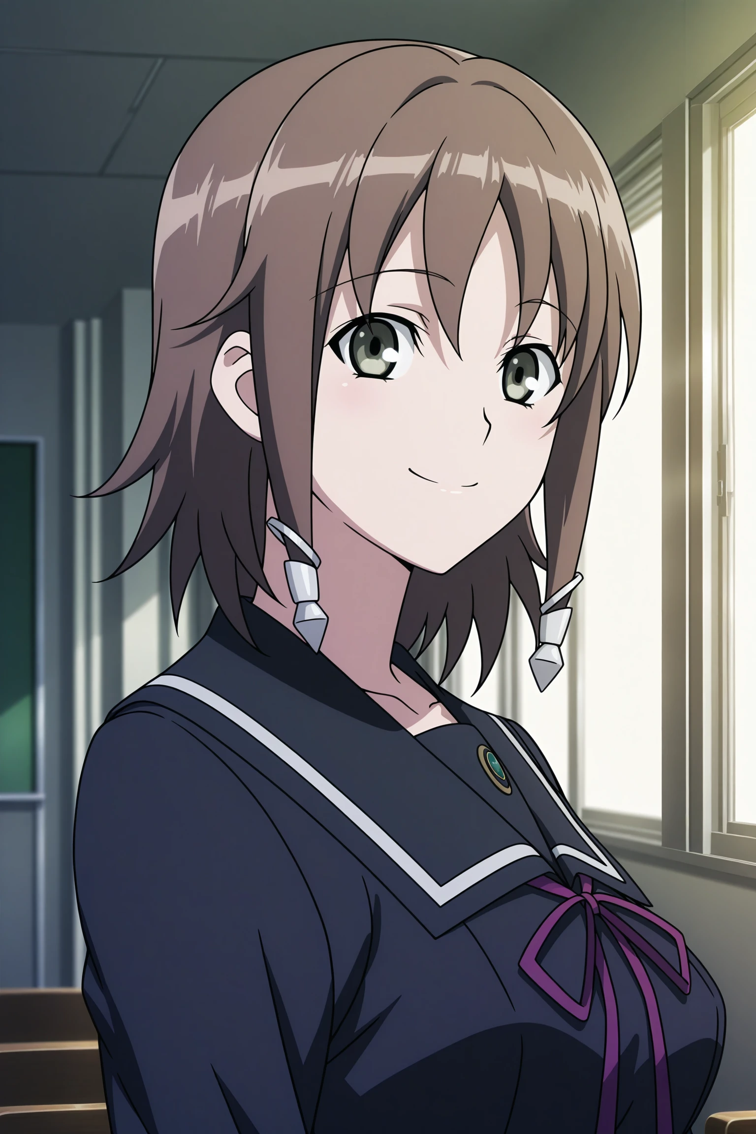 masterpiece, best quality, amazing quality, highres, absurdres, very aesthetic, high resolution, ultra detailed, perfect details, 1girl, solo, looking at viewer, indoors, classroom, yukizome kukuri, short hair, brown hair, wispy bangs, sidelocks, hair ornament, long sleeves, black shirt, untucked shirt, black sailor collar, purple neck ribbon, purple skirt, pleated skirt, layered skirt, frilled skirt, back bow, brown thighhighs, loafers, <lora:Kukuri_Yukizome_ILXL:0.8>, (aged up:1.5), (upper body:1.5), (anime coloring:1.2), (anime screencap:1.2), smile, sunlight