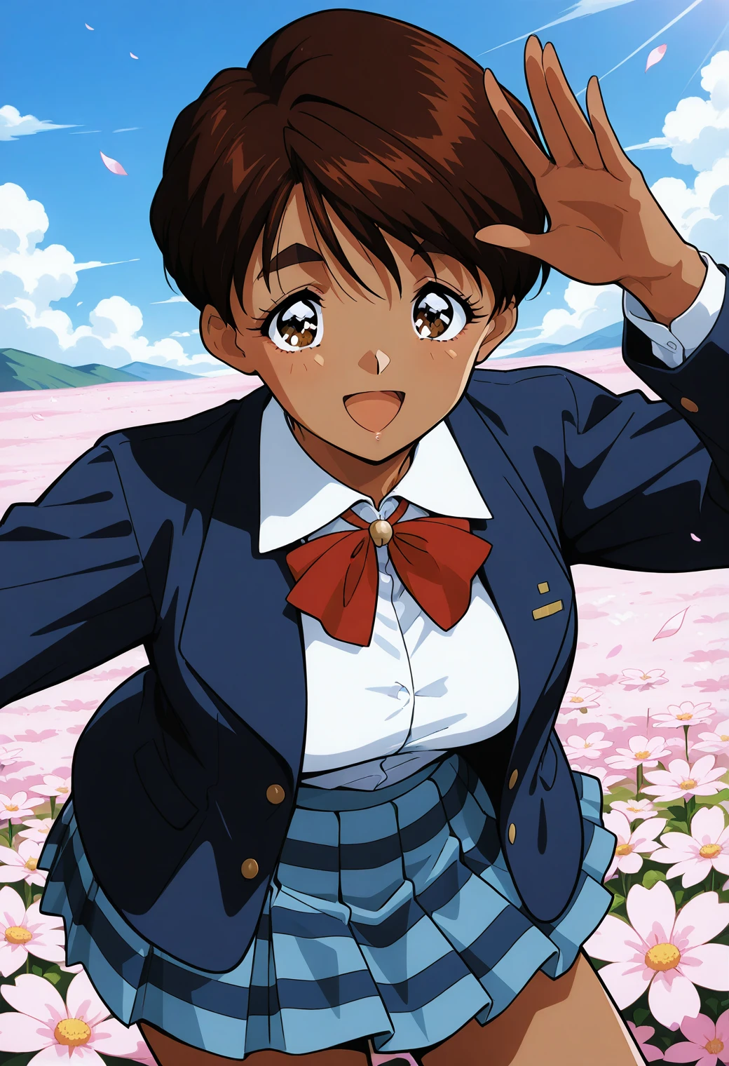 sr5_mizuki, retro artstyle, dark skin, dark-skinned female, thick eyebrows, brown eyes, brown hair, short hair, school uniform, red bowtie, blazer, long sleeves, blue jacket, open jacket, white shirt, collared shirt, blue skirt, plaid skirt, <lora:SR5_mizuki_illustrious_ver1:0.8>
smile,, masterpiece, best quality, general,, 1girl, solo, (field:1.2), (blue sky:1.2), looking at viewer,, (cowboy shot, dynamic pose:1.4),