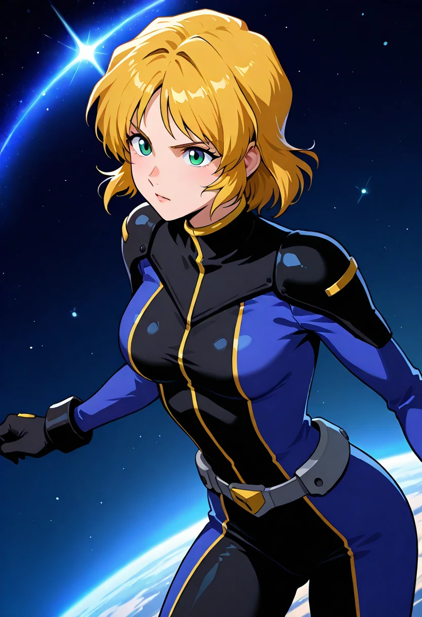 masterpiece, best quality, good quality, 1girl, Ellis Claude, blond hair, short hair, body suit, green eyes、space