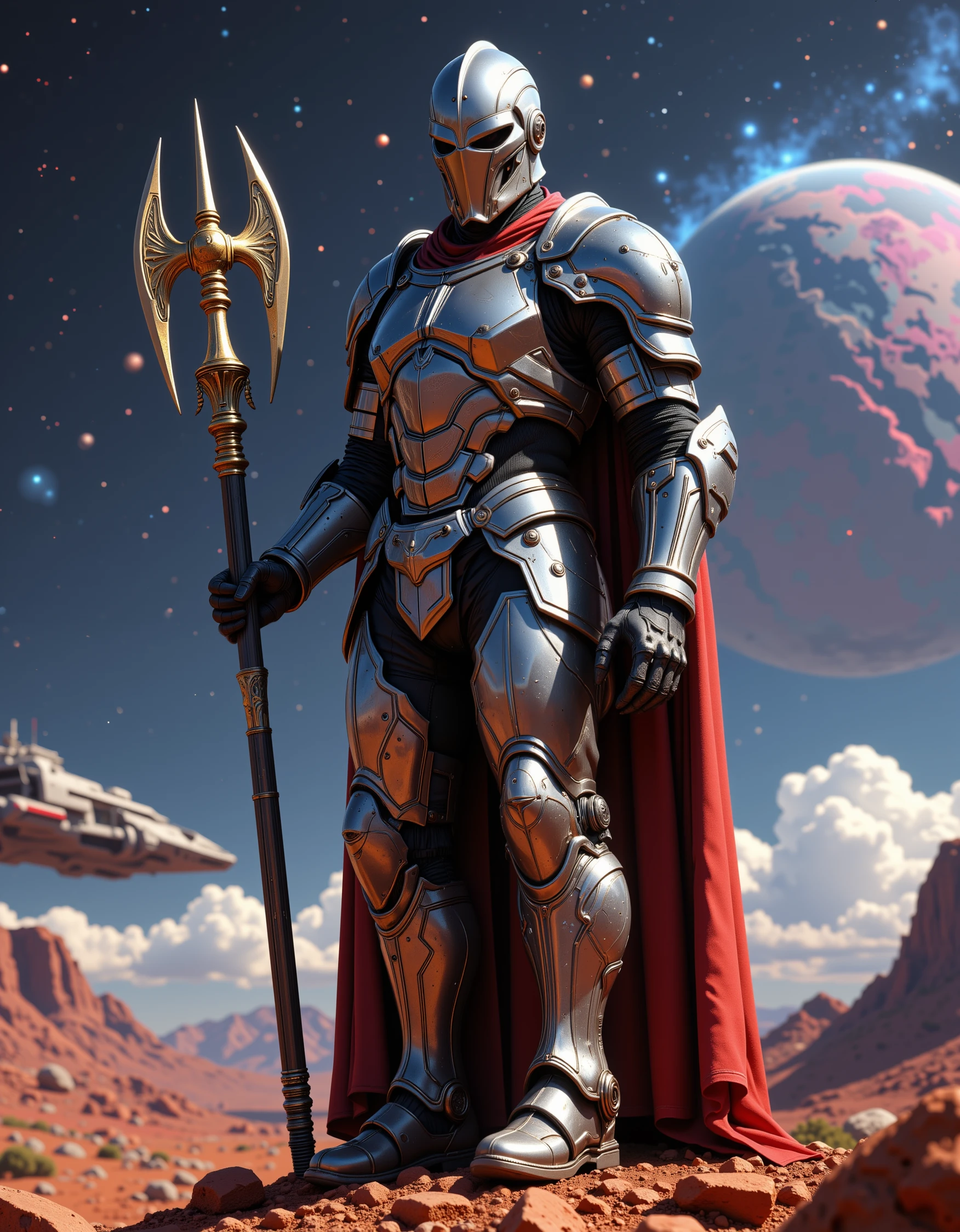 hyper-detailed ornate etching on the metal plated Retro-futuristic Death Paladin. high tech retro styled silver armor with complicated etchings. Confident pose. The background is empty space with some stars and a vibrant cosmic vista. Large Battle Spaceships with greebled textures float in the distance. Reflective metal armor.