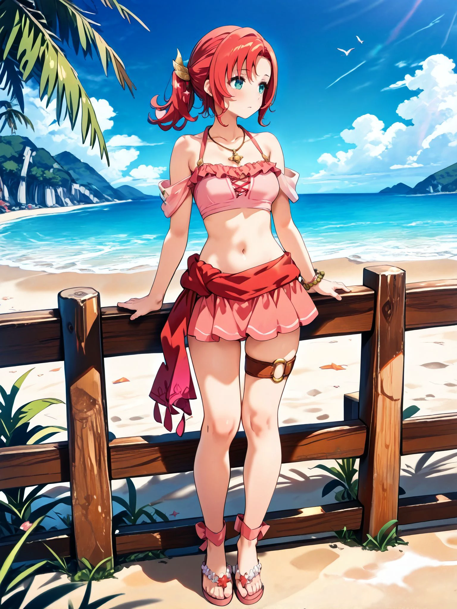 masterpiece,best_quality,1girl,solo,<lora:norne feh 2outfits_illustriousXL:0.8>,norne feh,summer hair ornament,necklace,pink bikini,bikini skirt,bracelet,thigh strap,leg ribbon,sandals,full body,standing,hands on wooden fence,beach,