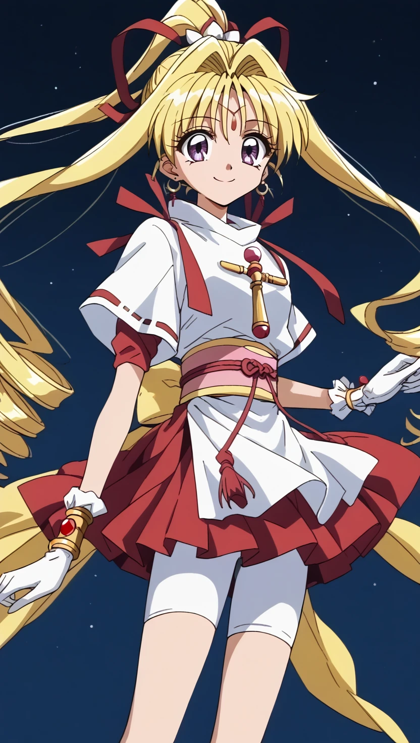 Anime girl with long blonde hair and a red and white dress - SeaArt AI