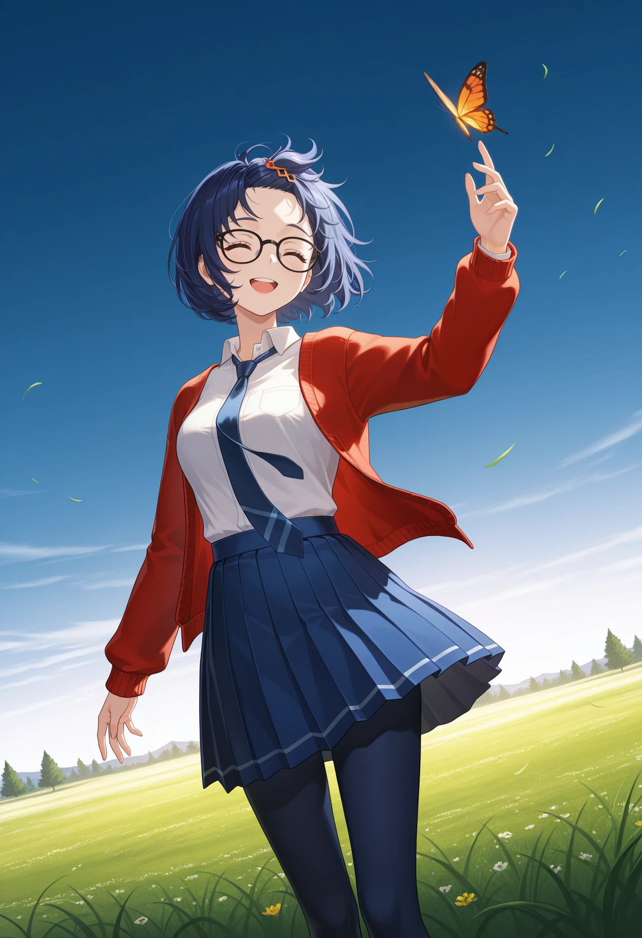 <lora:Mila_illustrious-000060:1>,
MILA,solo,blue necktie,black-framed eyewear,white background,short hair,white shirt,blue skirt,simple background,blue hair,long sleeves,pleated skirt,bangs pinned back,open cardigan,red cardigan,dark blue pantyhose,messy hair,cowboy_shot,outdoors,butterfly,smile,upper teeth only,trees,in a meadow,grasslands,dynamic_angle,cinematic_angle,closed eyes