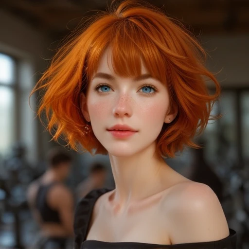 beautiful woman, orange hair, pale skin, short messy hair, high volume hair, [[freckles]], seductive attire, green eyes,  details, realistic style photo caucasian  young woman,outstanding style, tall, ((cute)), adult. Use soft lighting to cast gentle shadows on the subject, adding a touch of dimension to your images without compromising details, Trigger Word: DeepDrops, deepenPears,