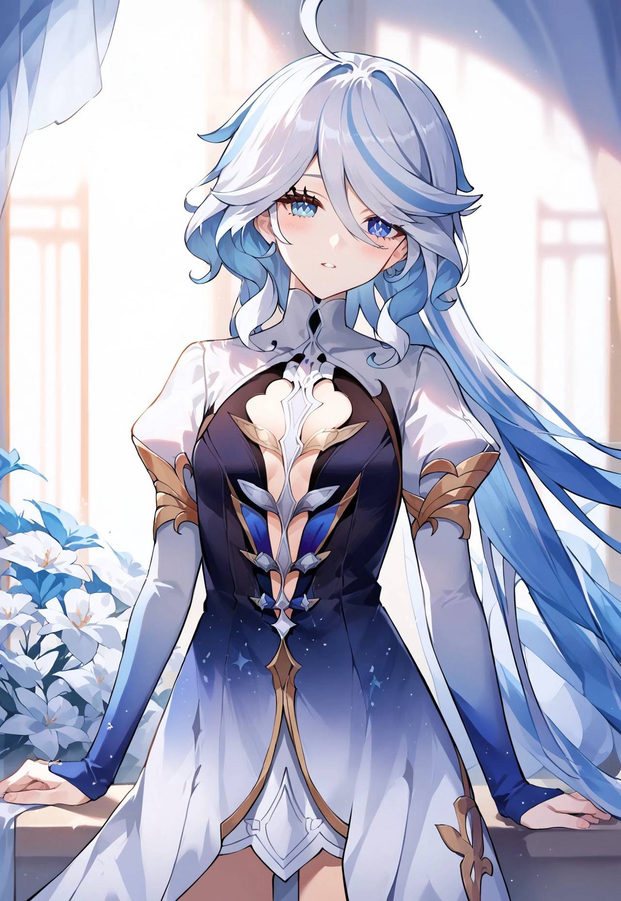 score_9, score_8_up, score_7_up, score_6_up, 8k, highest quality, high detail, masterpiece, best quality, beautiful lighting, (highest quality), source_anime, (best shadow), intricate details, ultra-detailed face, detailed eyes, perfect face, detailed eyes, anime, source_anime, BREAK, (1female, focalors \(genshin impact\), heterochromia, blue eyes, evening gown, long dress, juliet sleeves, bridal gauntlets, cowboy shot, bedroom, pinup, head tilt, parted lips, looking at viewer, blush, depth of field <lora:Char-Genshin-Furina-Pony-V1:1>)