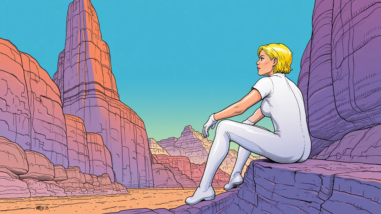 illustration in mb artstyle, a blonde woman sitting on a rock in a vast desert landscape. She is wearing a sleek, form-fitting white bodysuit with matching gloves. She has a short hairstyle as she gazes into the distance. The background showcases rocky formations, and a blue sky.