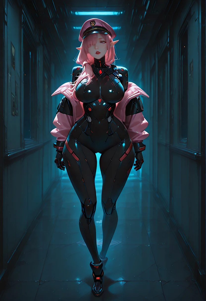 1girl, solo, (Mature Elf Female: 1.3), (Long Pink Hair Over One Eye with long side bangs in Ponytail: 1.5), (Pink Hat: 1.3), (Thicc Thighs: 1.3), (Thicc Calves: 1.3), (Big Ass: 0.8), (Slightly Plump: 1.2), tall, Curvy, (Red Lipstick: 1.3), (Large breasts: 1.3), (Pink Cyberpunk_Captain, cybr, captain: 1.3), (Standing, arms at sides, in a futuristic hallway: 1.3), (From front: 1.7), Full body Shot: 1.3, Eyes Half Open: 1.3, head lowered looking downwards, (nv-celestialskin), Dark Lighting, Lowkey Lighting, Dark Colors, highly detailed masterpiece, High_Resolution_Textures, (stunning design:1.2), (stunning concept design), Intricately_Detailed_design, Legendary_masterpiece, Realistic_texturing, ultra_soft_texturing, Complex_texturing, Insanely_Flawless_Details, Legendary_Details, Full_Color_scheme, Detailed_color_scheme, Complex_colors, Complex_details
<lora:StS-Illustrious-Detail-Slider-v1.0:4.5>  <lora:Earthbound_-_Cyberpunk_Captains_Outfit_-_IllustriousXL_PonyXL_SDXL:0.7>