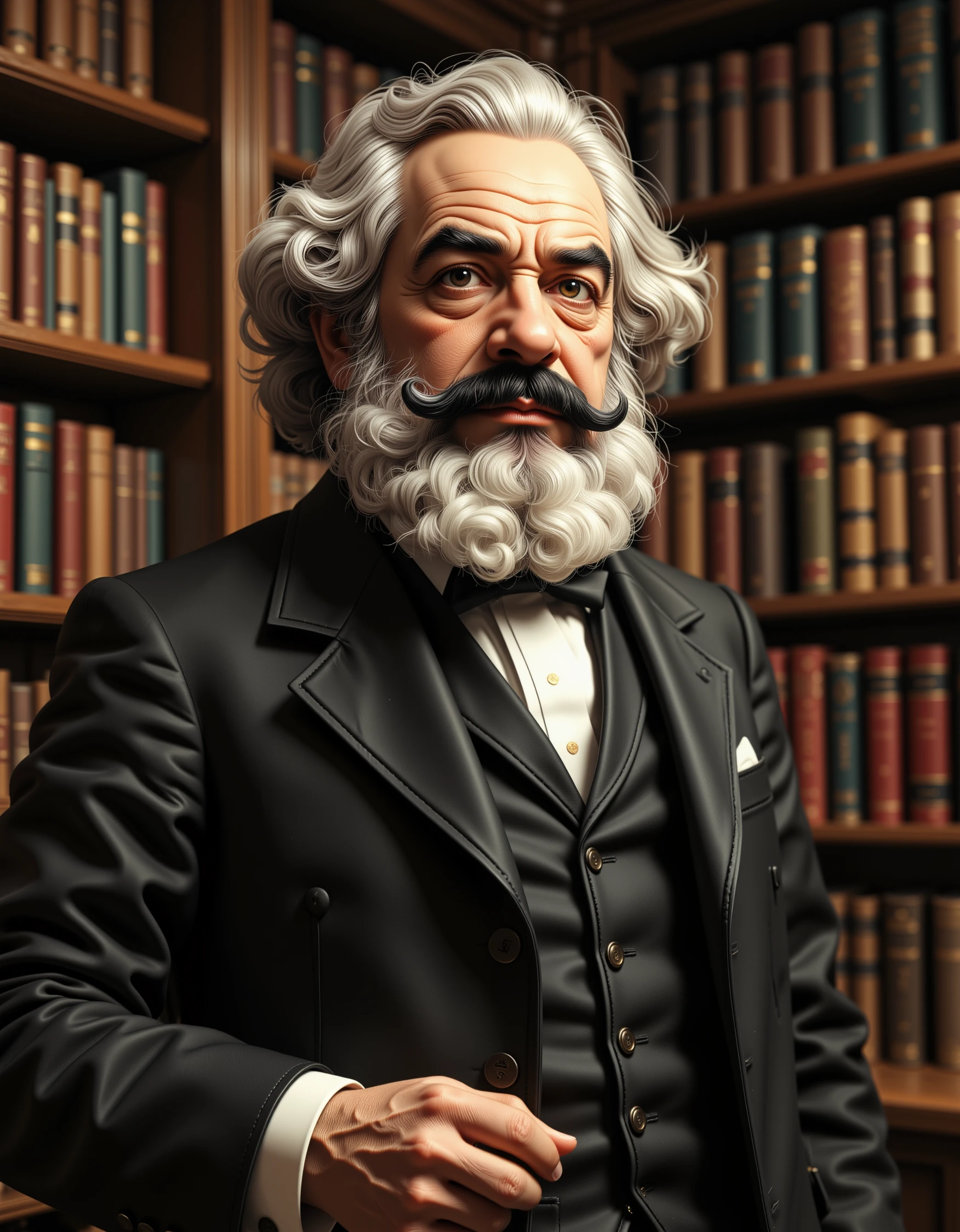 CGI portrait style. of Karl Marx. his eyes are pure gold and he is standing in a library.