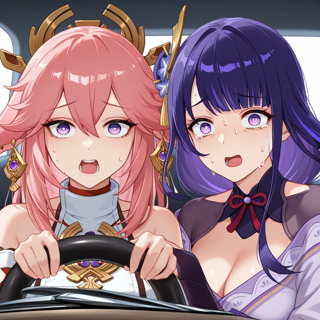 (masterpiece, high quality, amazing detail), highres, power crashes kobeni's car (meme), 2girls, yae miko, raiden shogun, multiple girls, car interior, steering wheel, look at viewer, crying with wide eyes open, nervous sweating, from front, <lora:power_crashes_car_meme-10:1>