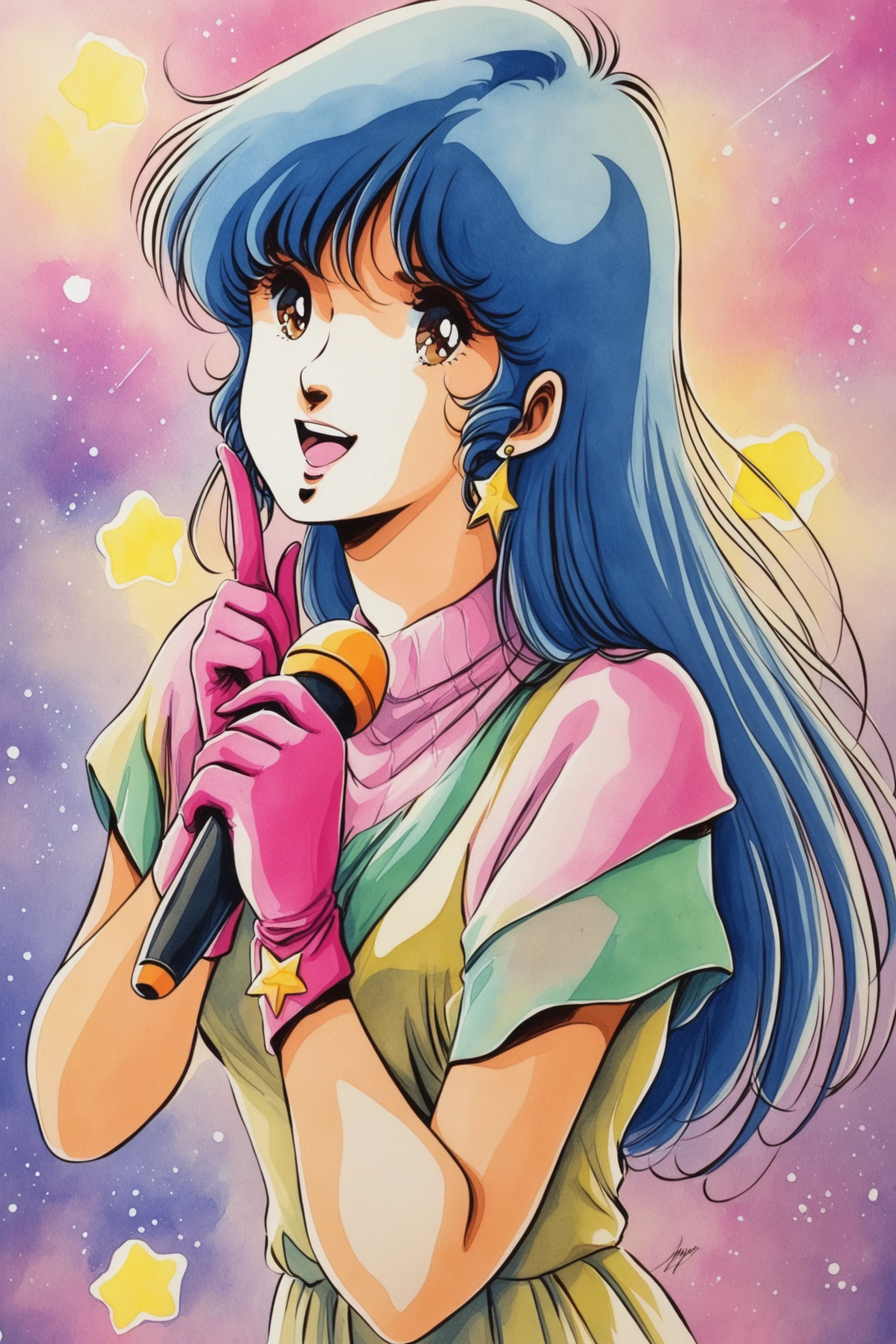 Lynn Minmay,1girl,microphone,1980s \(style\),solo,gloves,long hair,earrings,jewelry,retro artstyle,pink gloves,open mouth,smile,star \(sky\),holding,blue hair,brown eyes,holding microphone,watercolor (medium),traditional media,
<lora:Haruhiko Mikimoto_illustriousXL:0.8>,