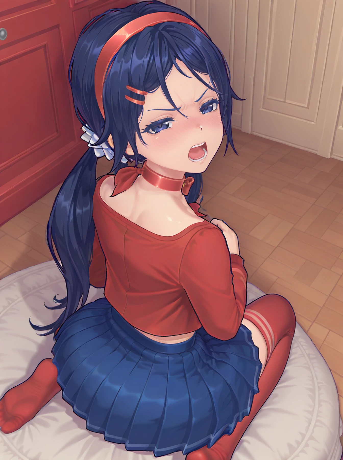 detailed background,shiny skin,rating safe,
half-closed eyes,looking at viewer,
dress,frill,lace,from behind,heavy blush,
1girl,blue hair,hair ornament,hairband,hairclip,blue hair,long hair,twintails,hair scrunchie,blue eyes,red hairband,red collar,red shirt,long sleeves,blue skirt,pleated skirt,red thighhighs,red socks,miniskirt,crop top,solo,thighhighs,skirt,looking at viewer,jewelry,choker,ribbon choker,<lora:MitaOGV1:1>,screaming,(soles),sitting,angry,