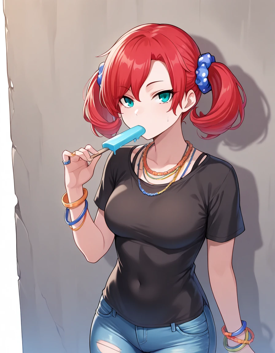 masterpiece, best quality, 1girl, <lora:Nokia_Shiramine:1>, shiraminenokia, red hair, twintails, blue scrunchie, polka dot scrunchie, aqua eyes, necklace, bracelet, ring, black shirt, short sleeves, torn jeans, looking at viewer, popsicle, holding popsicle, popsicle in mouth, melting, dripping, street