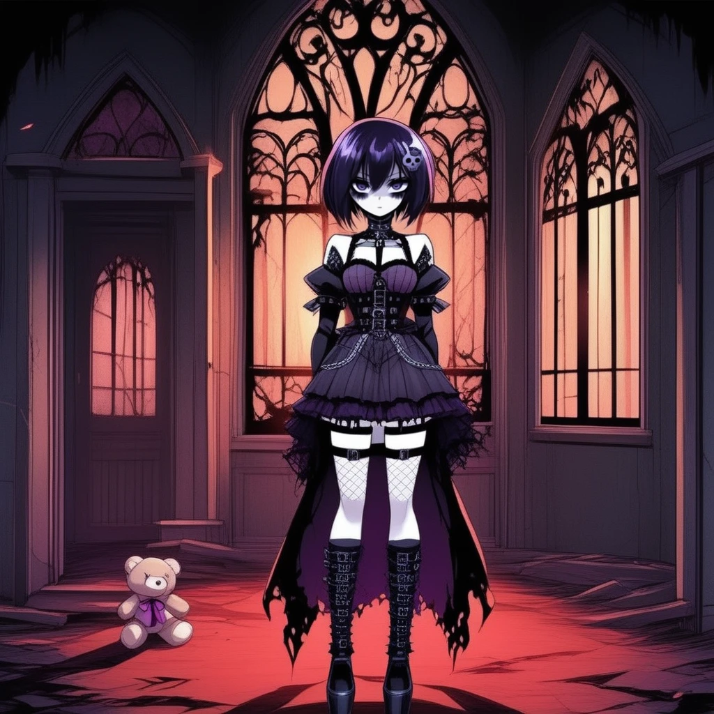 anime artwork  <lora:gothichic- sdxl1.0:1> gothichic, a beautiful gothic girl wearing a sexy outfit, holding a teddy in a desolated abandoned house.
 . anime style, key visual, vibrant, studio anime,  highly detailed