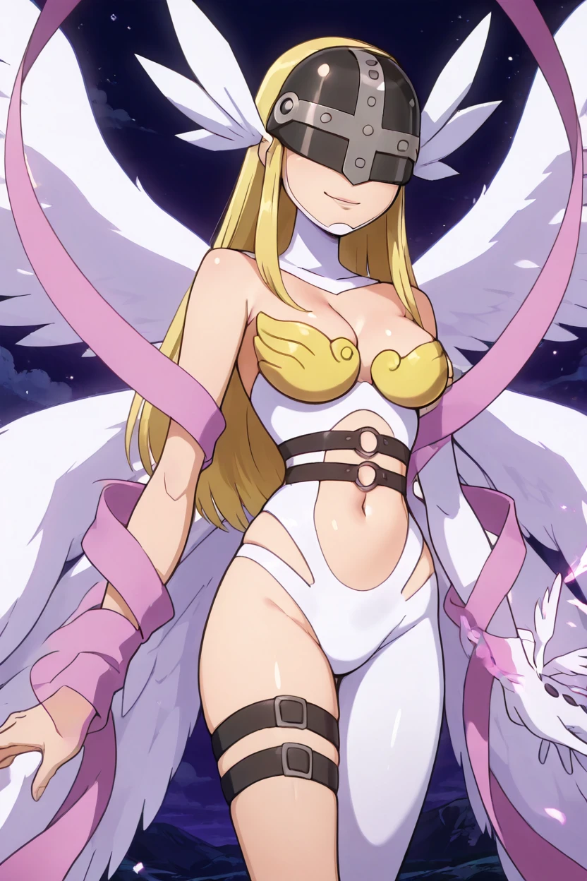 masterpiece, best quality, solo, curvy, beautiful eyes,zzAngewomon, blonde hair, covered eyes, helmet, long hair, angel wings, bare shoulders, elbow gloves, feathered wings, gloves, head wings, navel, pink ribbon, ribbon, single elbow glove, single glove, thigh strap, <lora:AngewomonDigimonIXL_v3:1.0>, upper body, smile, looking at viewer, shiny skin,<lora:TTitansStyleIXL:1.0>,