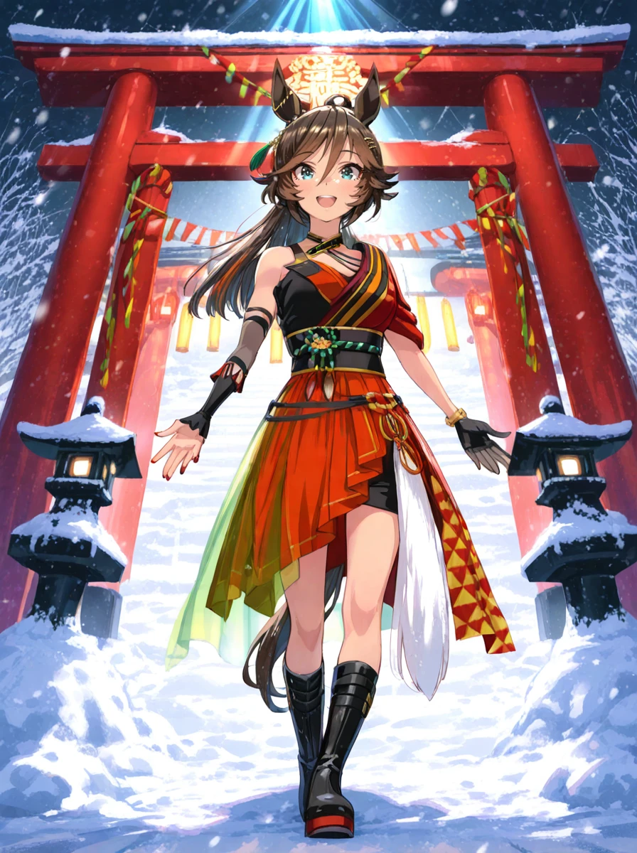 masterpiece, best quality,
mr. c.b. \(umamusume\), 1girl, horse ears, full body, horse tail, looking at viewer, black knee boots, standing, ponytail, single short sleeve, smile, single bare shoulder, red kimono, black pencil skirt, black obi, gold bracelet, black choker, single black elbow support, tassel ear ornament, single see-through finger black glove, single black wrist support, inner tank top
open mouth, big smile,new year clothes,red streaked hair,red eyeliner, red nails, single black see-through elbow support,
New Year shrine visit, traditional Japanese temple, torii gate covered in snow, visitors wearing kimonos, winter sky, ringing the bell, incense smoke rising, hanging ema plaques, sacred ropes and white paper streamers, lanterns glowing softly, prayers being made, snow-covered stone lanterns, serene and respectful atmosphere
light rays,lens flare,light particles,snowing, 
 <lora:ILL_mr.c.b_ver1.021:1>