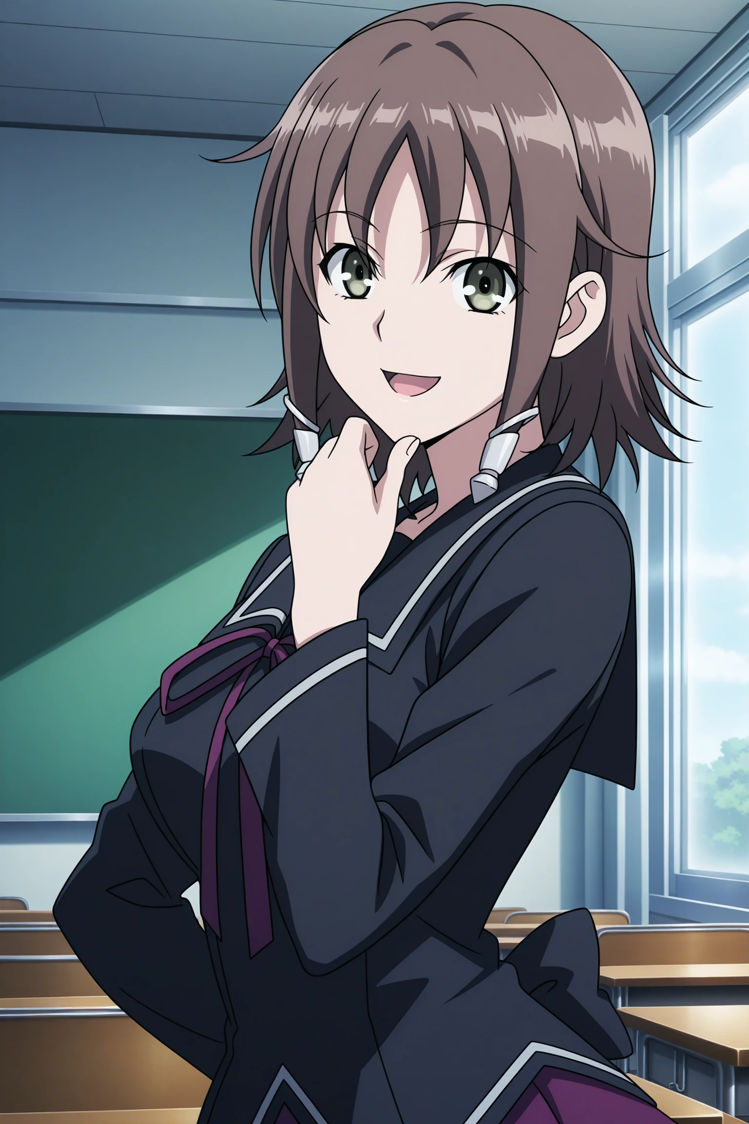 masterpiece, best quality, amazing quality, highres, absurdres, very aesthetic, high resolution, ultra detailed, perfect details, 1girl, solo, looking at viewer, indoors, classroom, yukizome kukuri, short hair, brown hair, wispy bangs, sidelocks, hair ornament, long sleeves, black shirt, untucked shirt, black sailor collar, purple neck ribbon, purple skirt, pleated skirt, layered skirt, frilled skirt, back bow, brown thighhighs, loafers, <lora:Kukuri_Yukizome_ILXL:0.8>, (aged up:1.5), (upper body:1.1), (anime coloring:1.2), (anime screencap:1.2), smile, sunlight, (pose:1.5), open mouth