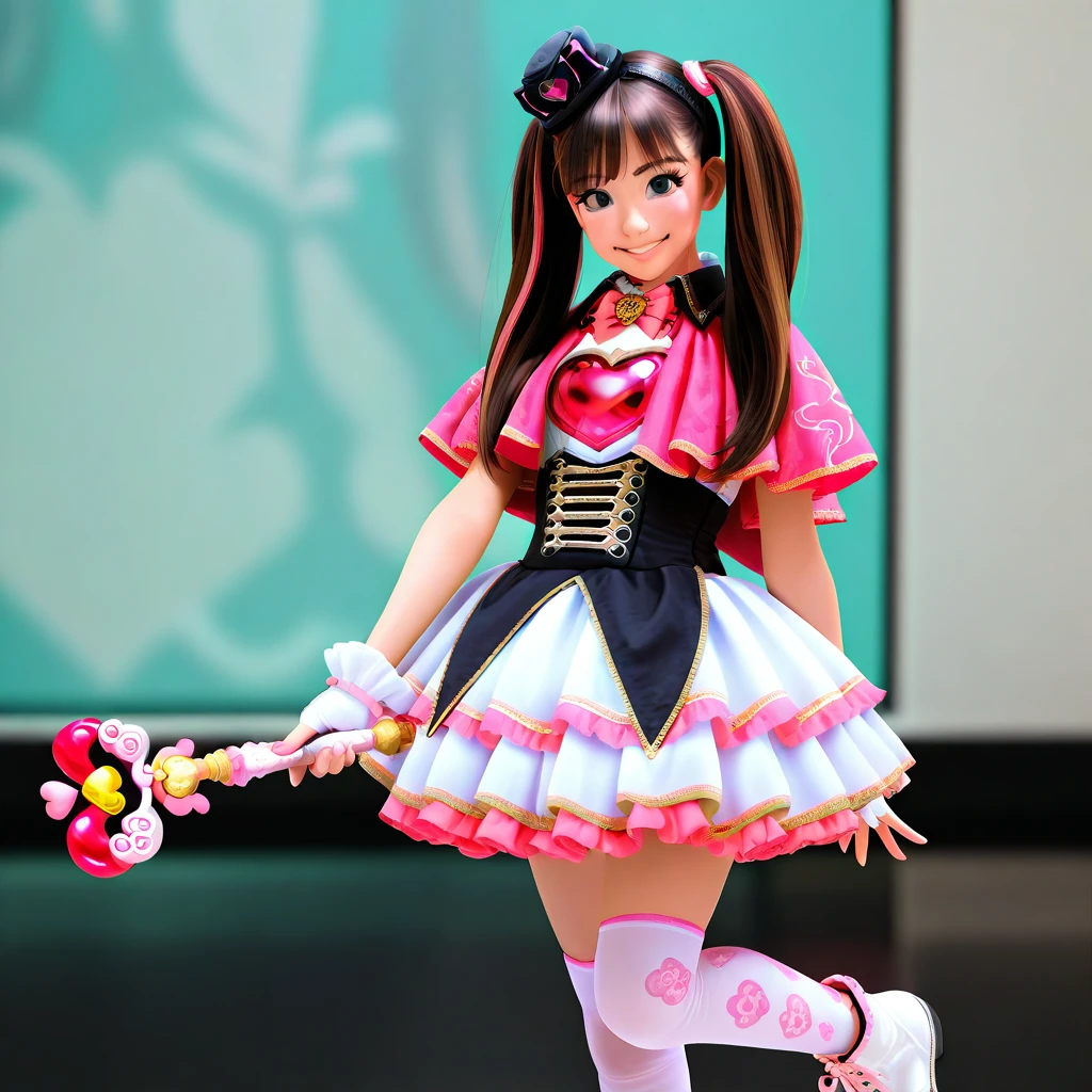 <lora:SakuraiKokomi:0.8>,1girl,sakuraikokomi,twintails,smile,brown hair,long hair,black eyes,makeup,multicolored hair,
eyeshadow,Phantomirage,dress,mini hat,capelet,heart,bow,idol clothes,pink bow,black headwear,bowtie,mini top hat,pink_capelet,pink bowtie,wand,wrist cuffs,fingerless gloves,white gloves,corset,top hat,cosplay,frills,skirt,white skirt,frilled dress,layered skirt,pink thighhighs,white thighhighs,print thighhighs,thighhighs,shoelaces,shoes,, masterpiece, best quality, amazing quality, newest