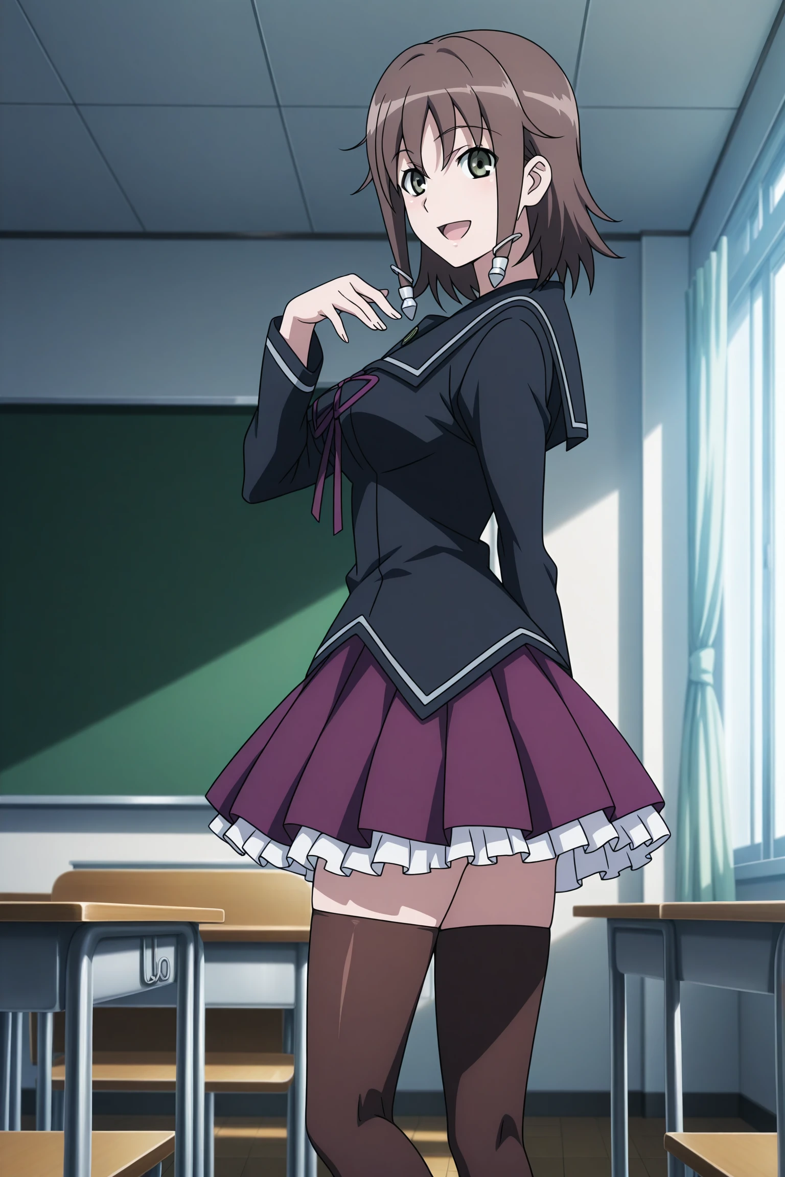 masterpiece, best quality, amazing quality, highres, absurdres, very aesthetic, high resolution, ultra detailed, perfect details, 1girl, solo, looking at viewer, indoors, classroom, yukizome kukuri, short hair, brown hair, wispy bangs, sidelocks, hair ornament, long sleeves, black shirt, untucked shirt, black sailor collar, purple neck ribbon, purple skirt, pleated skirt, layered skirt, frilled skirt, brown thighhighs, loafers, <lora:Kukuri_Yukizome_ILXL:0.8>, (aged up:1.5), (feet out of frame:1.5), (anime coloring:1.2), (anime screencap:1.2), smile, sunlight, (pose:1.5), open mouth, (from behind:1.5)