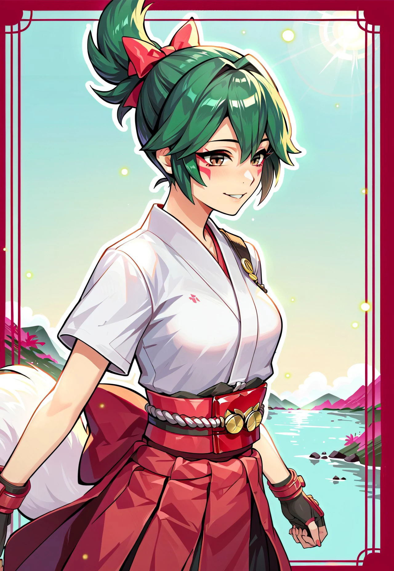 score_9, score_8_up, score_7_up, score_6_up, 8k, highest quality, high detail, masterpiece, best quality, beautiful lighting, (highest quality), source_anime, (best shadow), intricate details, ultra-detailed face, detailed eyes, perfect face, detailed eyes, anime, source_anime, (1female, kiriko_\(overwatch\) ,1girl,skirt,gloves,bow,brown eyes,short sleeves,hair bow,japanese clothes,green hair,fingerless gloves,kimono,anime,mask,red skirt,facial mark,hakama,hakama skirt,red gloves,white kimono,ninja,red hakama,facepaint,fox mask,topknot