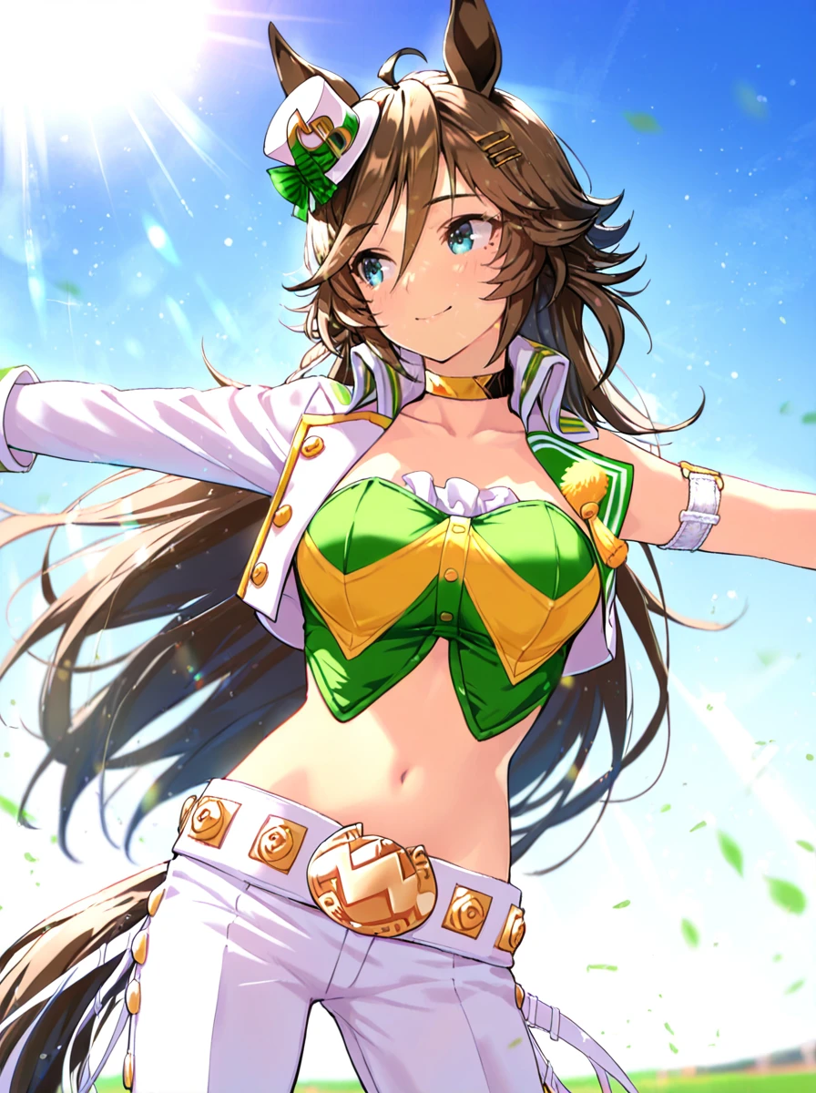 masterpiece, best quality, absurdres,
mr. c.b. \(umamusume\), 1girl, outstretched arms, horse ears, spread arms, smile, white pants, navel, mini hat, strapless green shirt, single sleeve, hairclip, midriff, white wrist cuff, open jacket, long sleeves, yellow choker, cowboy shot, looking to the side, green crop top, closed mouth, standing, cropped white jacket, single bare shoulder, collarbone, horse tail, single bare arm, green wrist cuff, asymmetrical cuffs, mismatched wrist cuffs, white arm strap
blue sky,sun,light rays,lens flare,light particles,beautiful detailed eyes,outdoors, 
<lora:ILL_mr.c.b_ver1.021:0.85>