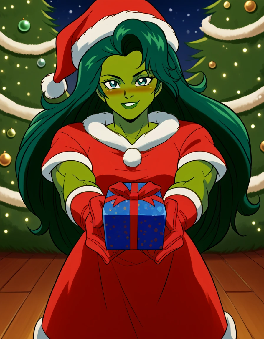 score_9, score_8_up, score_7_up, source_anime, <lora:jennifer-walters-cartoon1996-ponyxl-lora-nochekaiser:1>, jennifer walters, long hair, green hair, colored skin, retro artstyle, green skin, muscular, mature female,, <lora:santa-costume-ponyxl-lora-nochekaiser:1>, santa costume, santa hat, christmas, sack, merry christmas, gift, fur-trimmed headwear, holding sack, santa dress, fur-trimmed dress, christmas tree, christmas tree, fur trim, red capelet, gift box, red gloves, fur-trimmed capelet, santa gloves, red hat, hat,, smile, blush, looking at viewer, <lora:incoming-gift-ponyxl-lora-nochekaiser:1>, incoming gift, outstretched arms, holding, holding gift, gift, gift box,, , dutch angle, cowboy shot