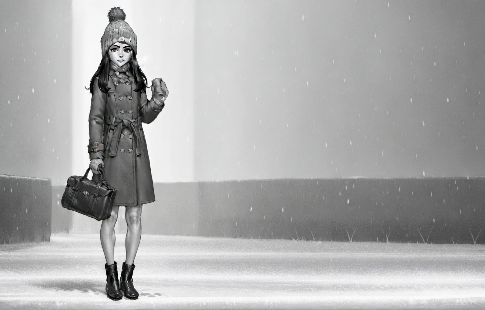 masterpiece, best quality, <lora:polina_morozova_ill_v1:0.7> polina_morozova, 1girl, solo, long hair, looking at viewer, long sleeves, hat, holding, standing, full body, monochrome, greyscale, boots, coat, buttons, snowing, beanie, double-breasted, winter clothes, ankle boots