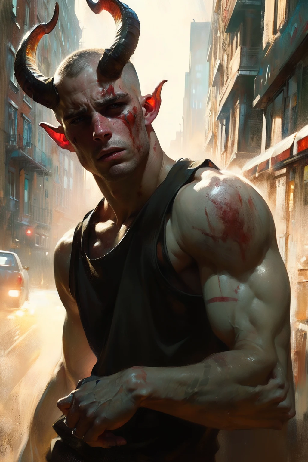 <lora:pins2:1> illustration art, pale young adult man, (demon:1.25), (horns:1.25), 
masterpiece, best quality, 1boy, 30 year old, chav, rough, (bruised face), dirty, Mancunian, mean, bully, druggie, skinhead, tank top, sweatpants pull, (park background), realistic, dramatic lighting, atmospheric, intricate detail