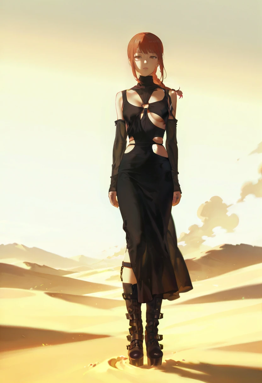 1girl,solo,looking at viewer, desert, dust storm, makima_(chainsaw_man), strappy dress, black dress, boots, platform footwear,  konya_karasue,underboob,