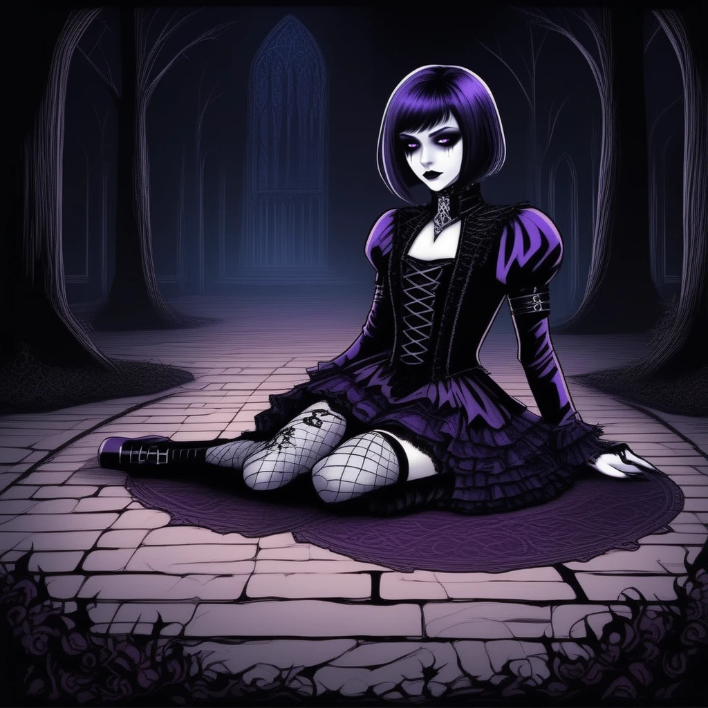 Gothic style  <lora:gothichic- sdxl1.0:0.8> gothichic, a beautiful girl wearing purple outfit, short hair lying on the floor in a park . Dark, mysterious, haunting, dramatic, ornate, detailed