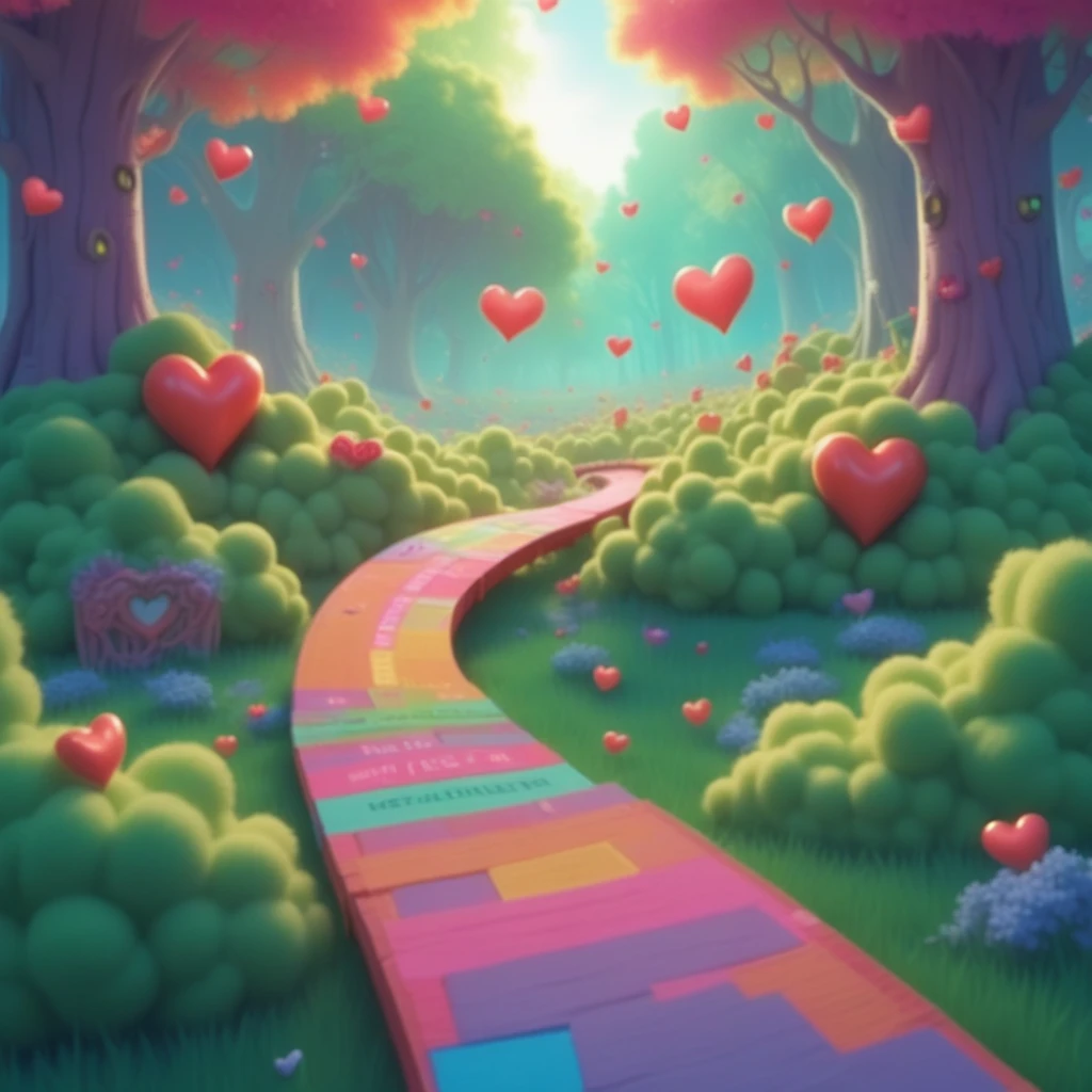 carebearland, a whimsical movie poster for a children's film, featuring vibrant, large colorful bold letters at the bottom, a magical and colorful forest with trees in various hues, winding pathways adorned with heart-shaped leaves, and a picturesque green orange pink meadow scattered with wildflowers, bright sunlight filtering through the canopy, illustrated in a playful, enchanting style reminiscent of classic children's books, high detail, eye-catching composition, suitable for a family audience, flat red hearts lying on the ground and pathway