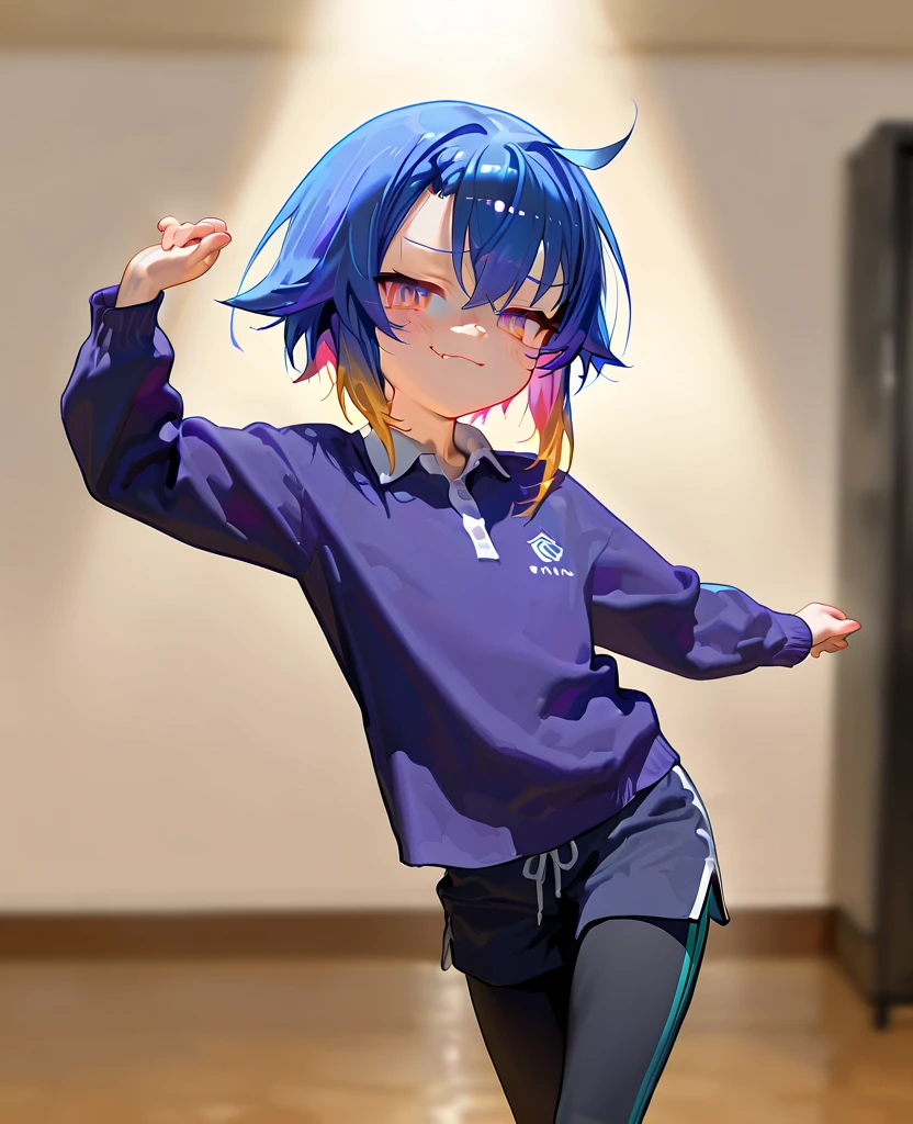 masterpiece, 1440p, 8k, UHD, amazing quality, high resolution, solo,  <lora:Plum_Stoker_NGNL_Illustrious:1> plumstoker, 1boy, long sleeves, polo shirt, shorts, black leggings, dancing, multicolored hair, smug