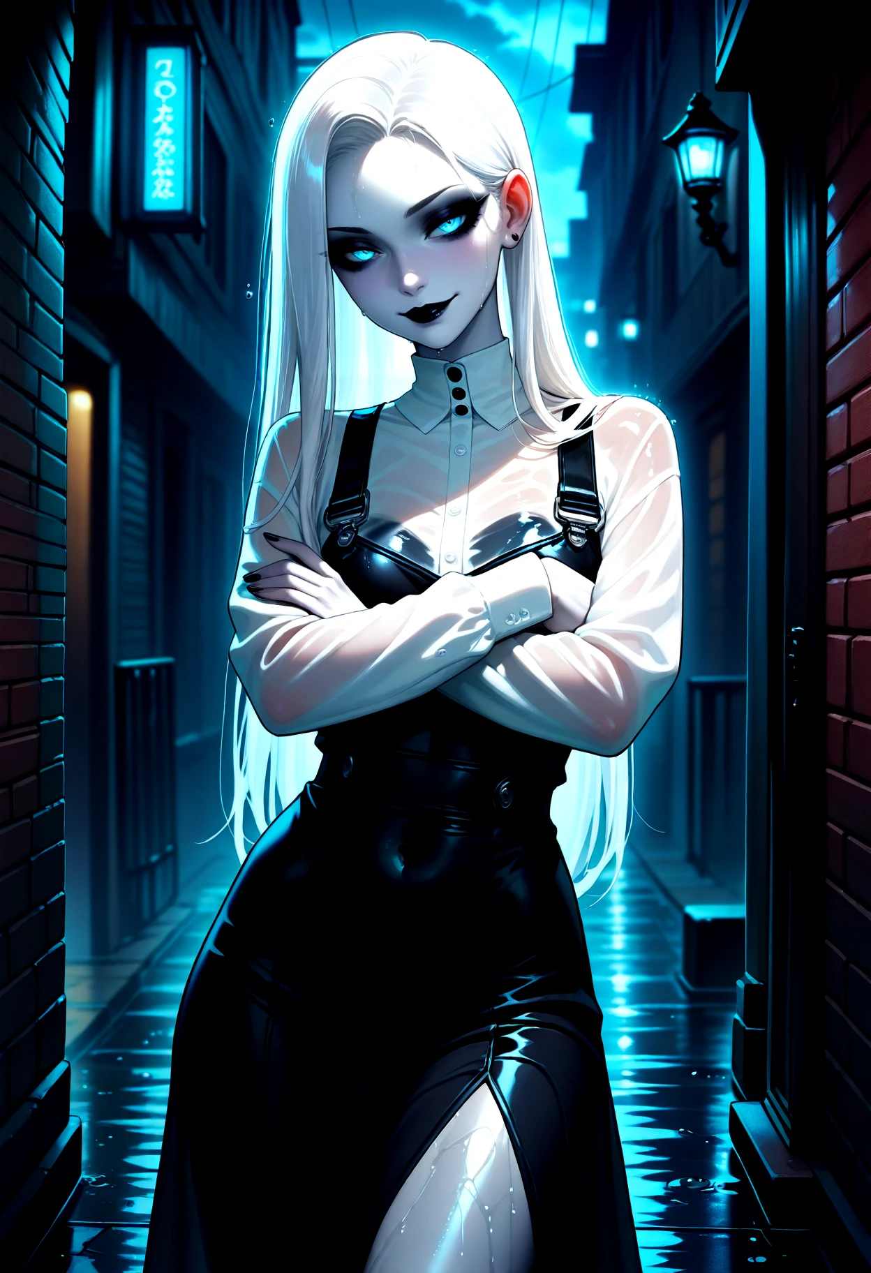 IllusP0s, 1girl, goth girl, (very pale skin, grey skin, white skin:1.4), eyeliner, eyeshadow, heavy makeup, looking at viewer, white hair, long hair, straight hair, seductive smile, black lipstick, pretty face, long hair, long sleeves, white shirt, black skirt, navel, sexy pose, wet clothes, see-through, black chocker, jewelry,public, leaning back, crossed arms, standing, brick wall, (grey bricks), dark alley, night time, , heavy-rain, rain, wet, cloudy, dark, water drop, overall blue lighting, neon glow, blue